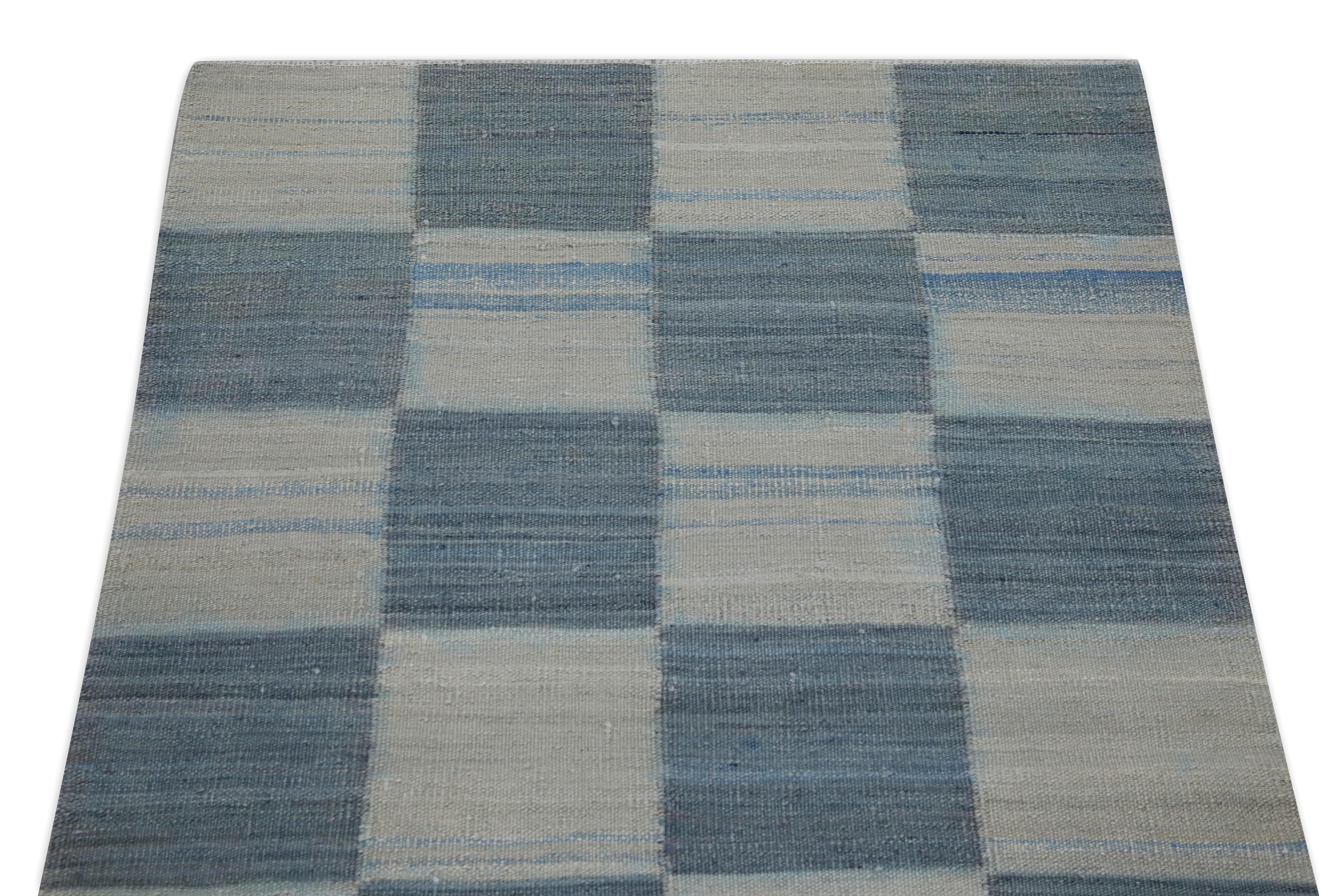 Turkish Blue Checkered Modern Flatweave Handmade Wool Rug 2'9