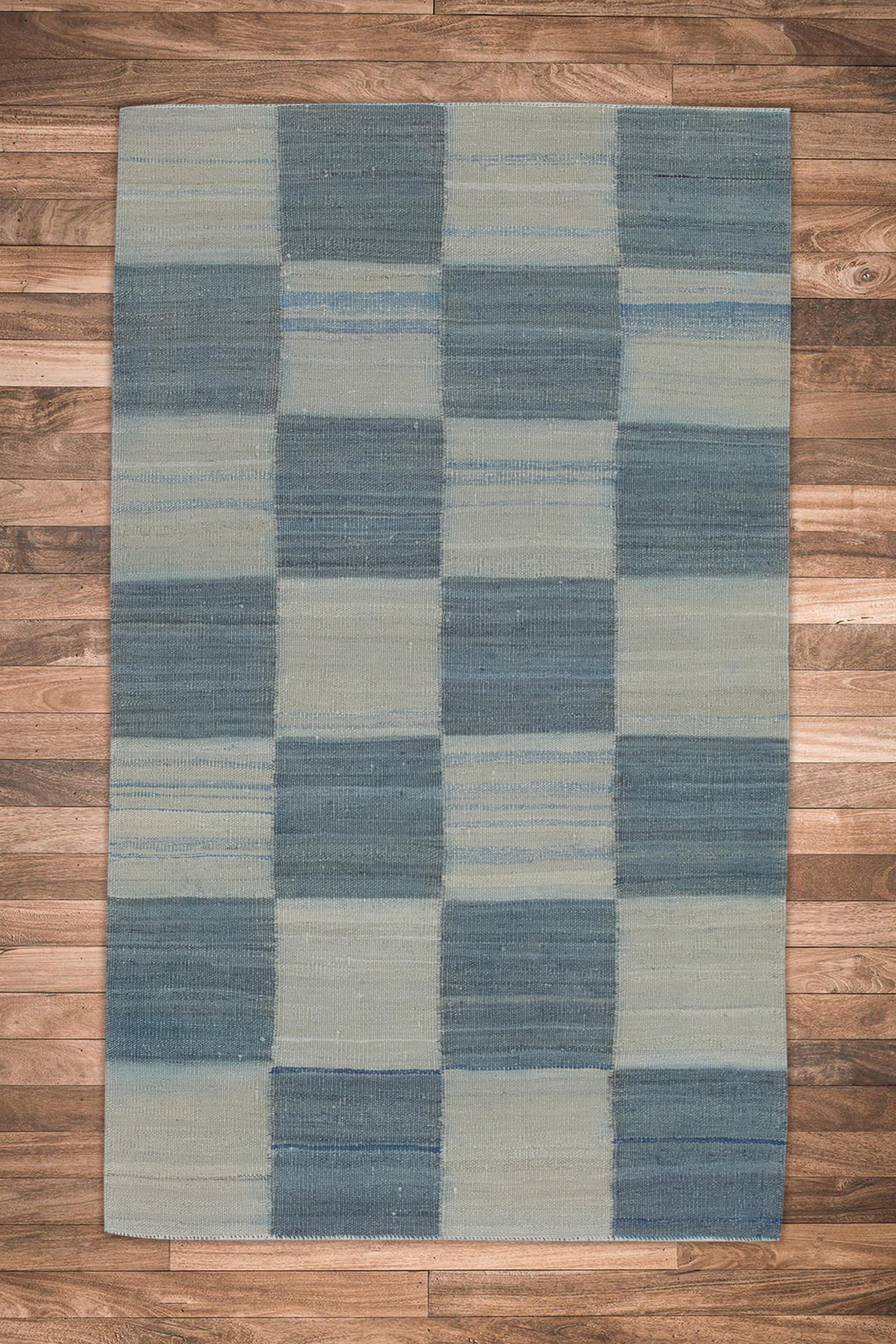 Vegetable Dyed Blue Checkered Modern Flatweave Handmade Wool Rug 2'9