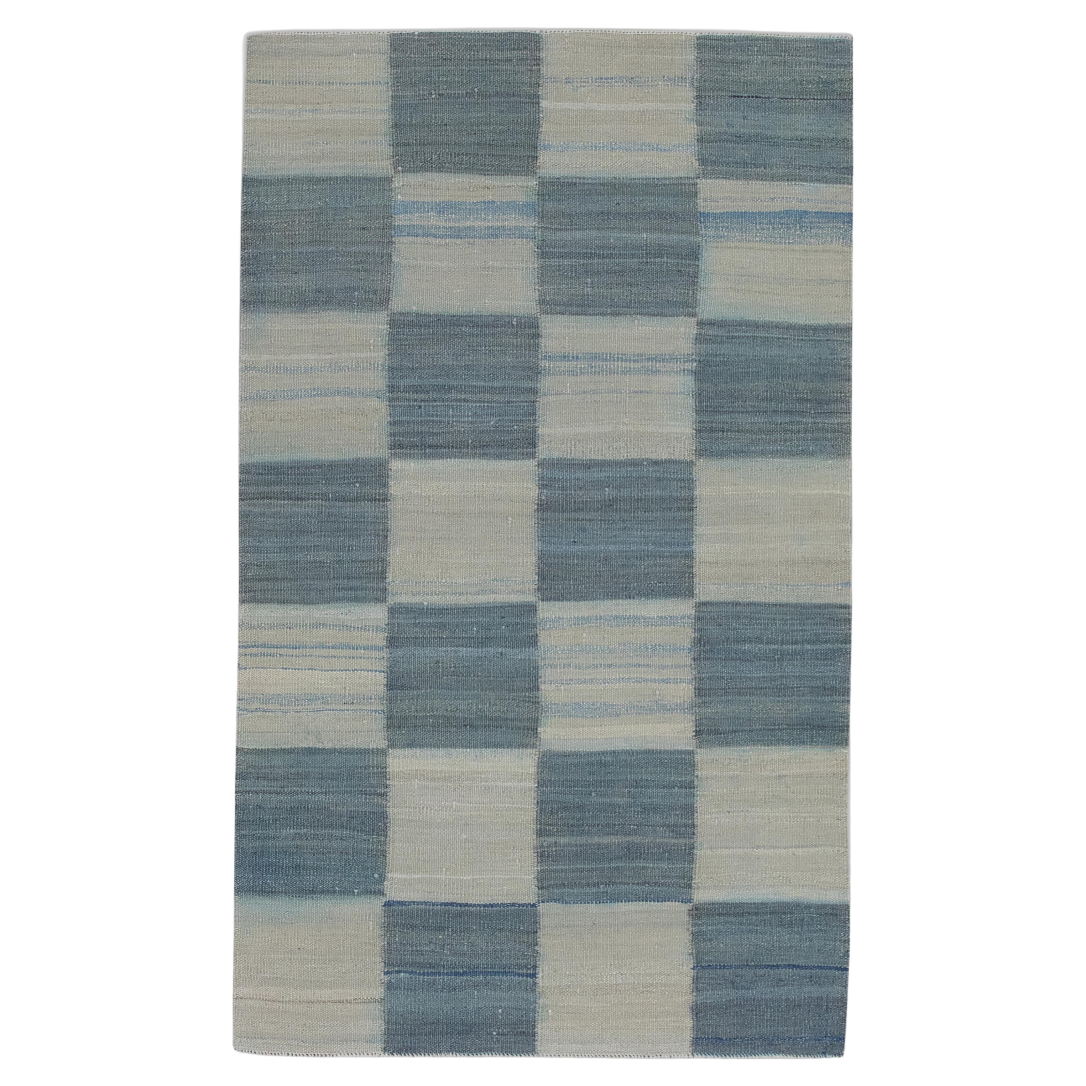 Blue Checkered Modern Flatweave Handmade Wool Rug 2'9" X 4'5" For Sale