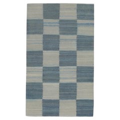 Blue Checkered Modern Flatweave Handmade Wool Rug 2'9" X 4'5"