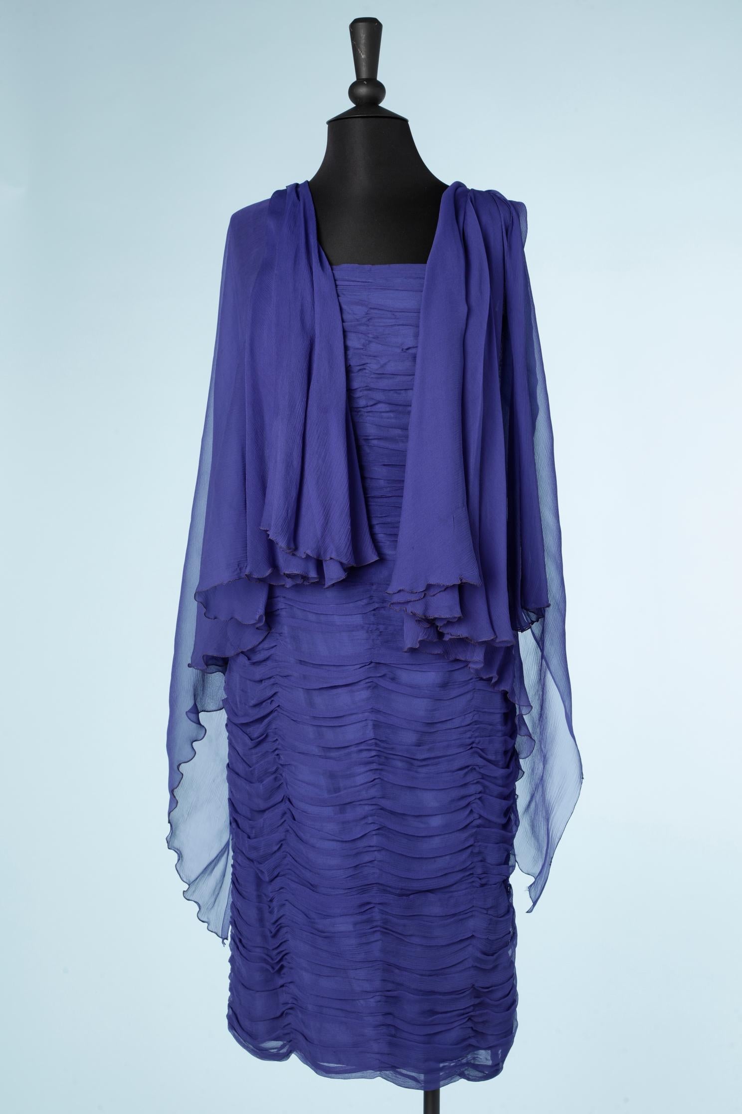Blue chiffon draped  bustier cocktail dress with 2 scarves attached in the back.
SIZE S