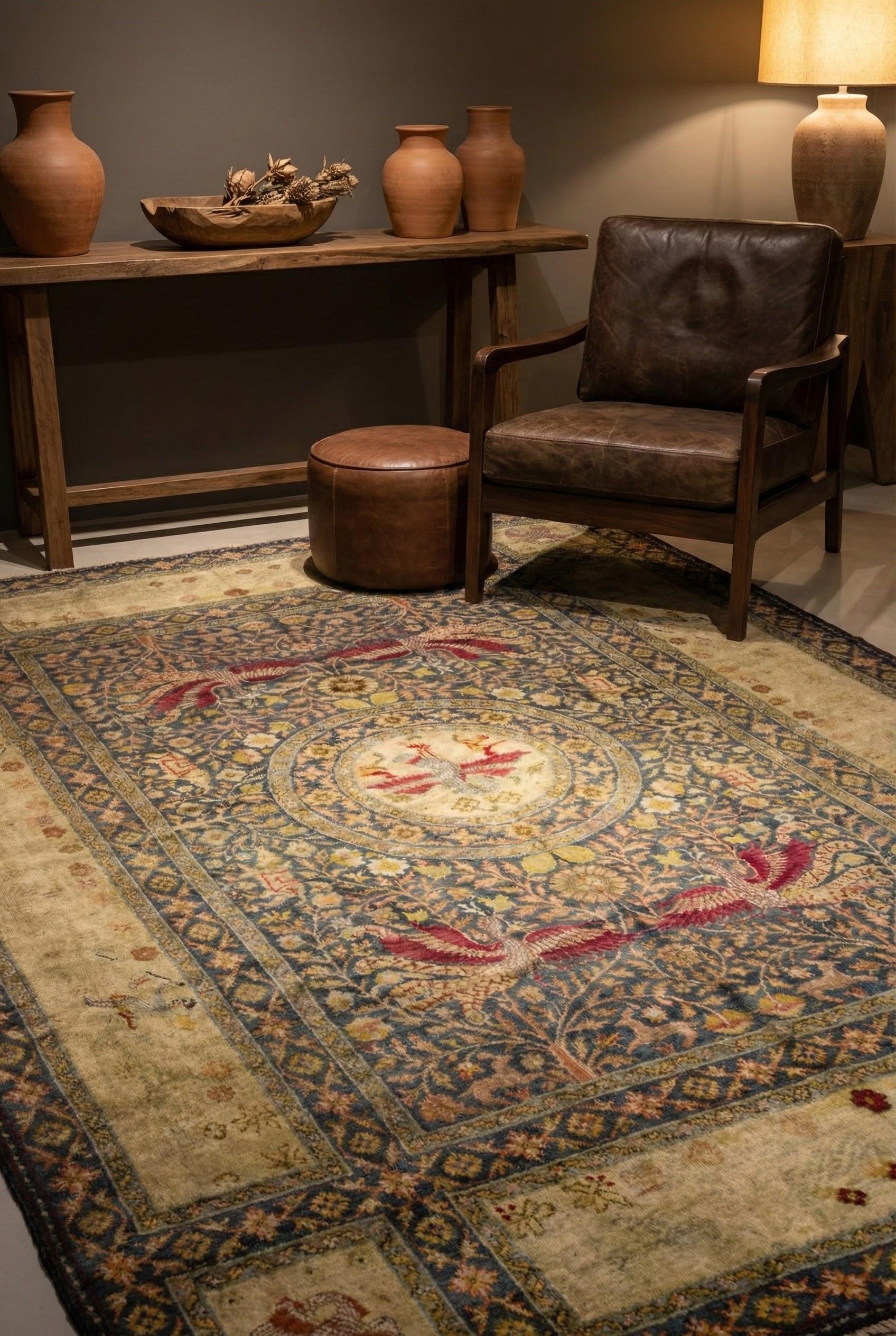 Blue China Wool Hand Knotted Rug 9 ft x 11 ft , Phoenix Garden Harmony Tribal en venta