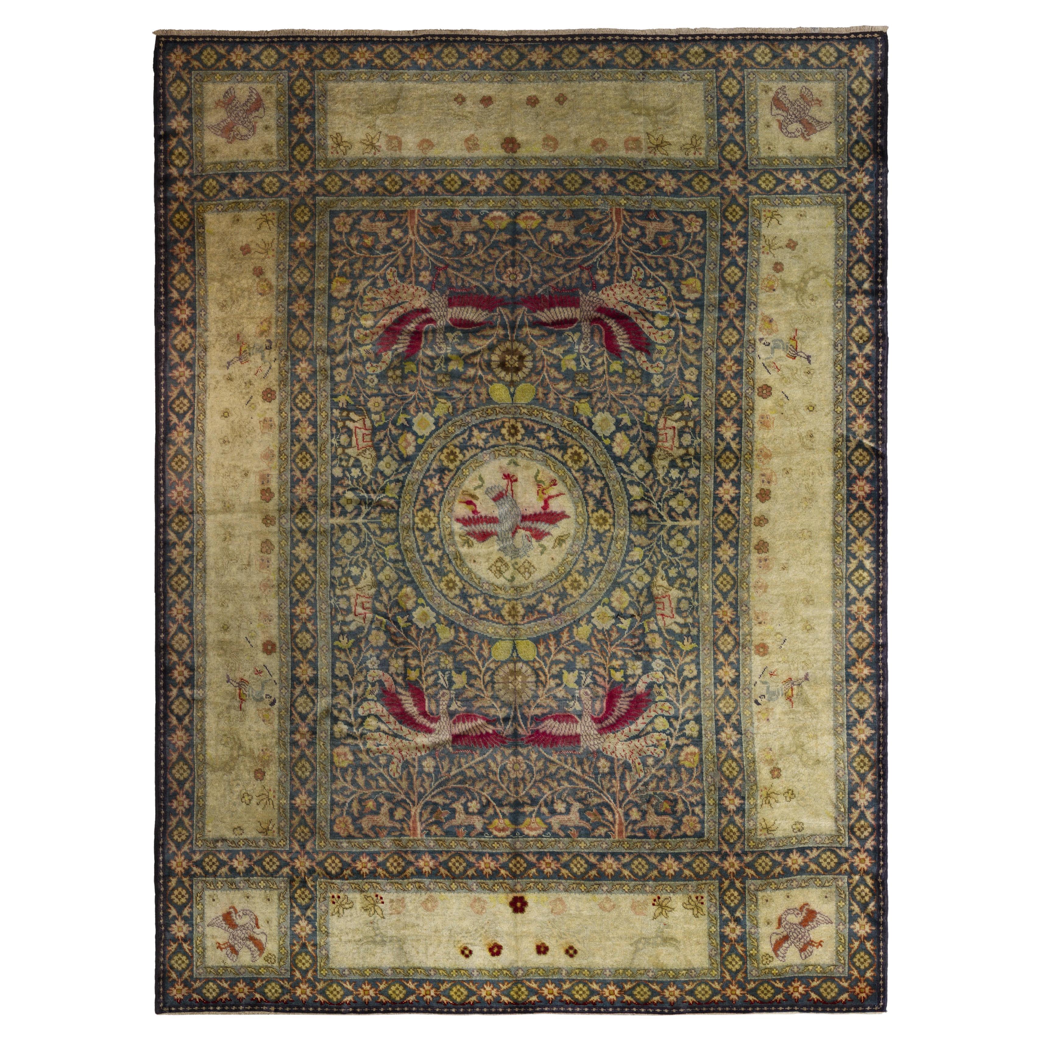 Blue China Wool Hand Knotted Rug 9 ft x 11 ft , Phoenix Garden Harmony en venta