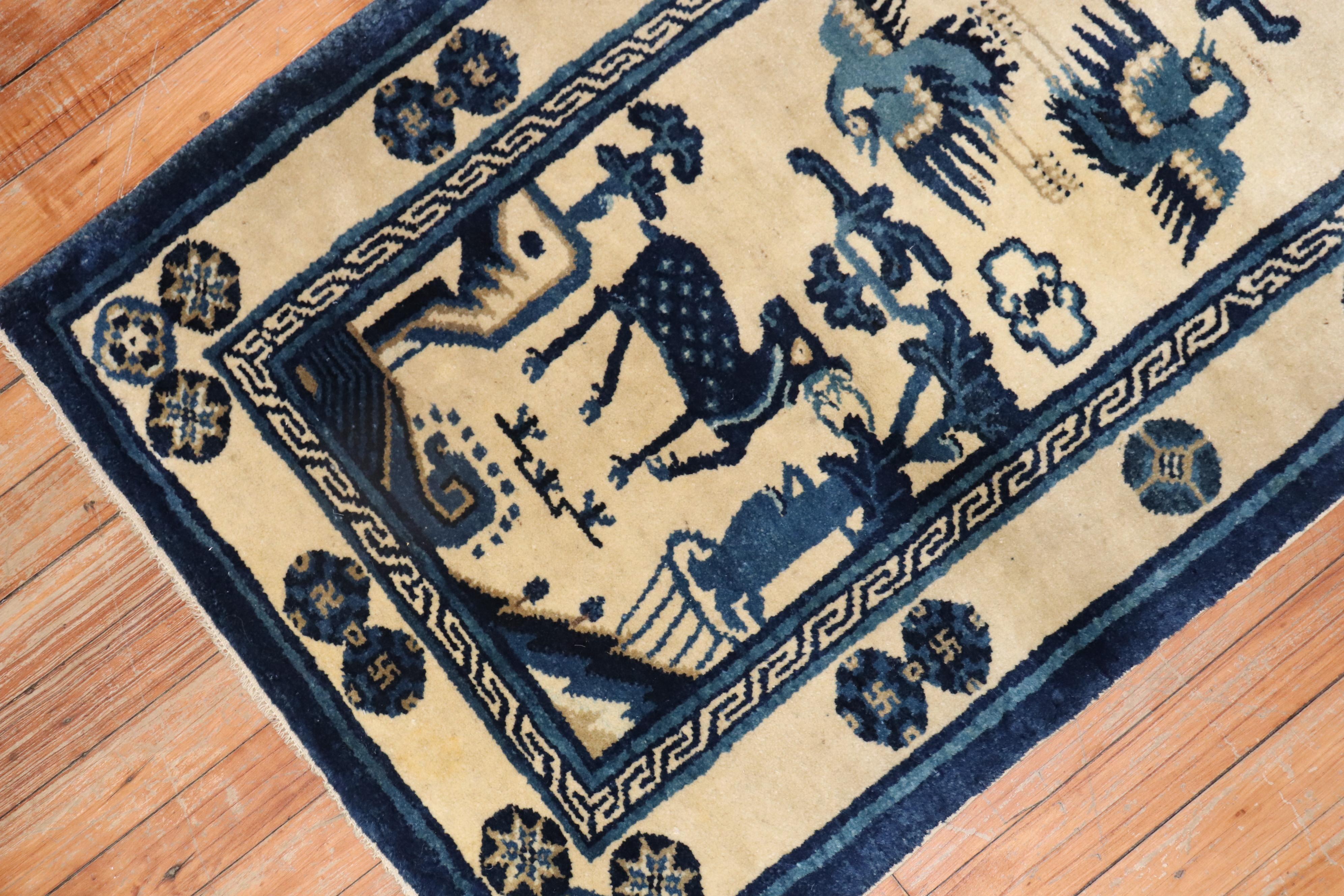 Folk Art Blue Chinese Animal Pictorial Rug For Sale