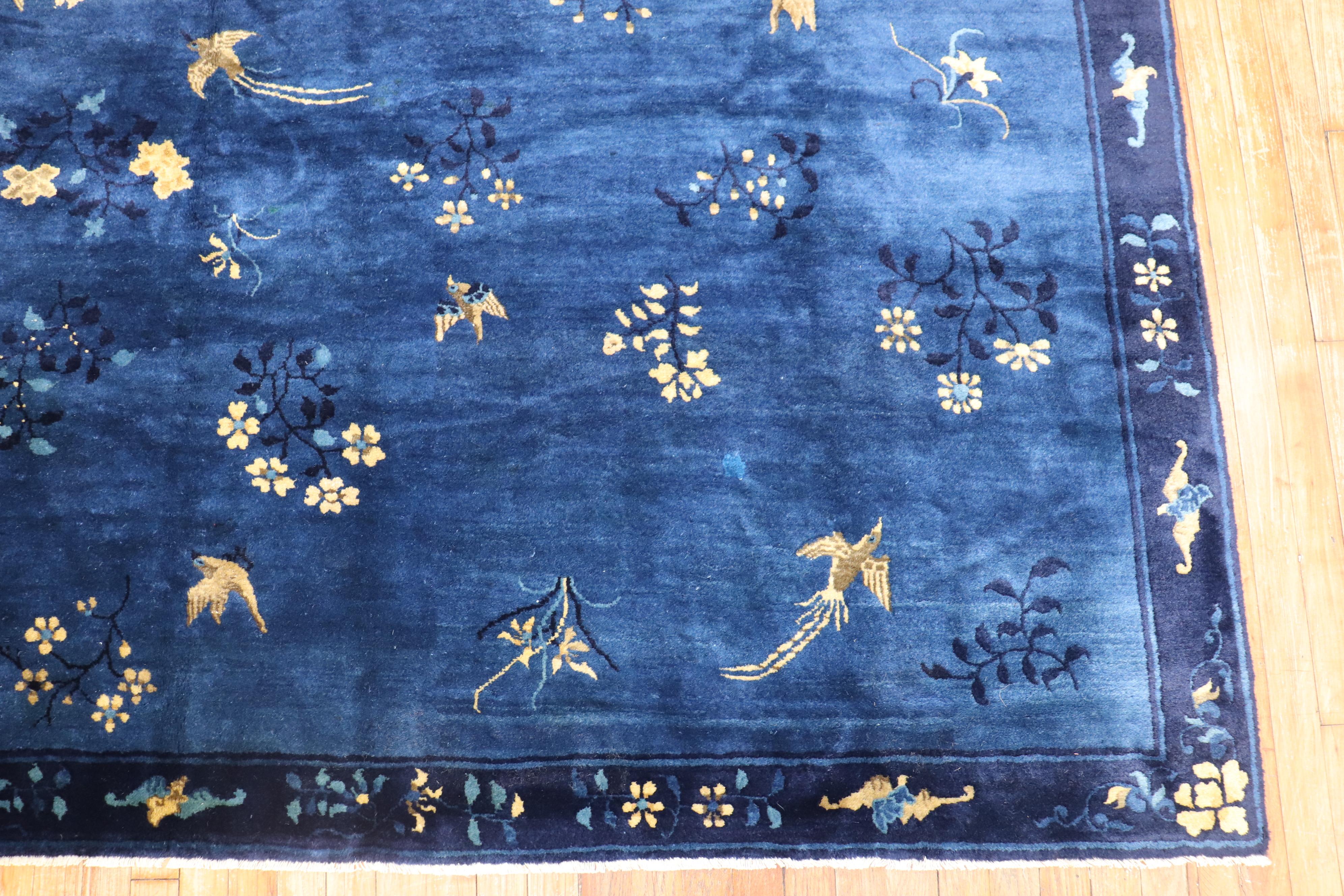 Blue Chinese Antique Pictorial Bird Rug In Good Condition In New York, NY