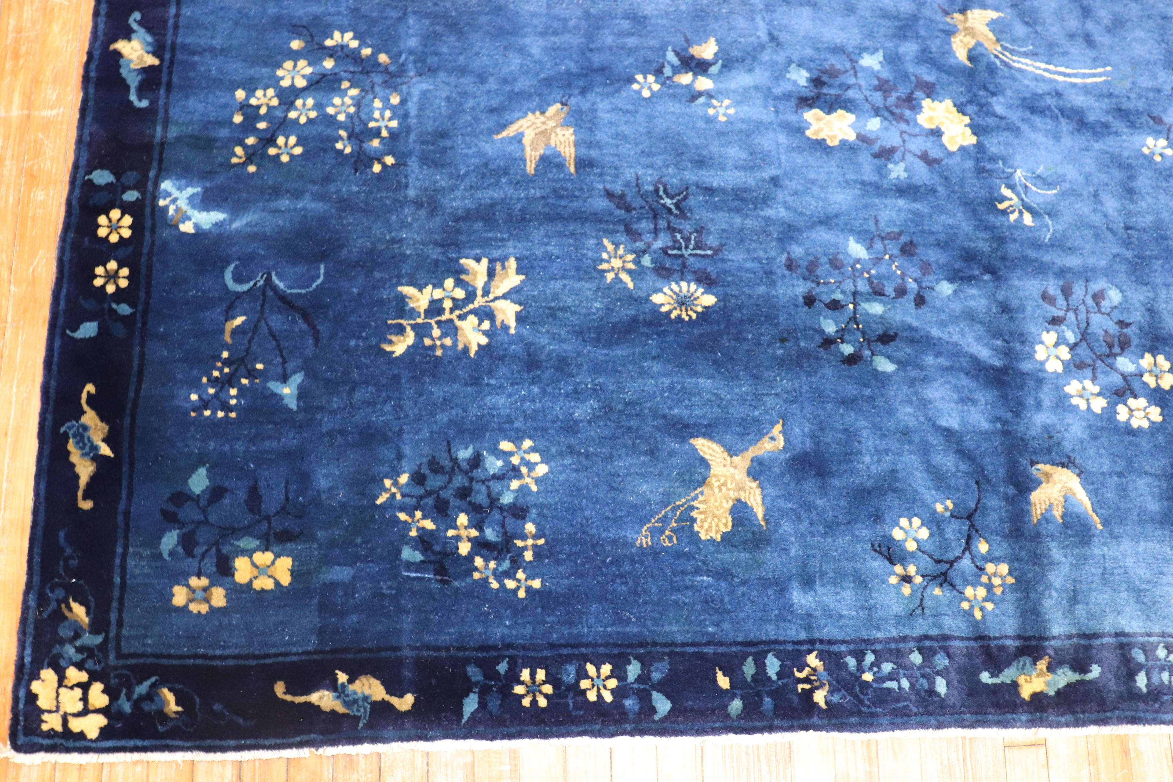 Early 20th Century Blue Chinese Antique Pictorial Bird Rug