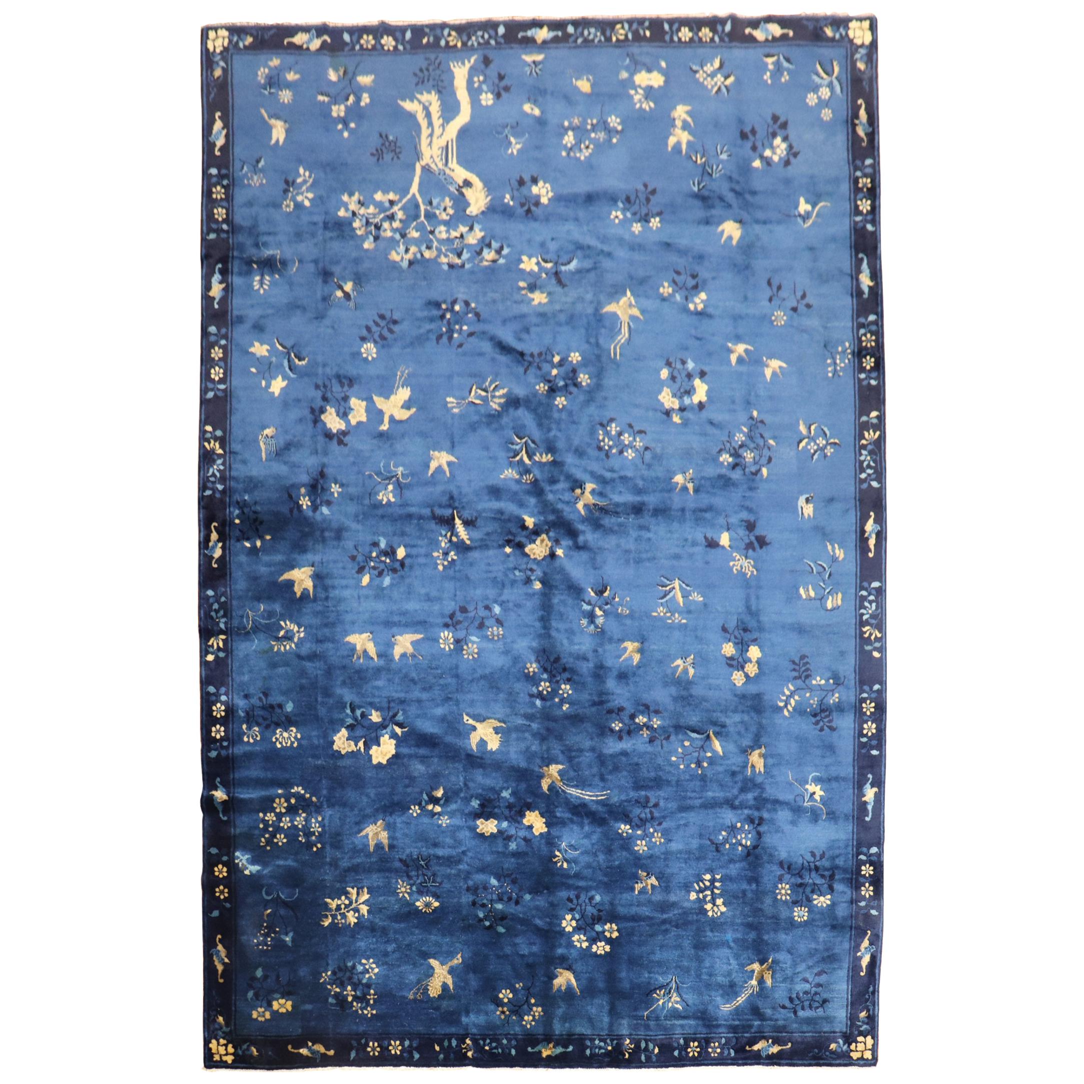 Blue Chinese Antique Pictorial Bird Rug