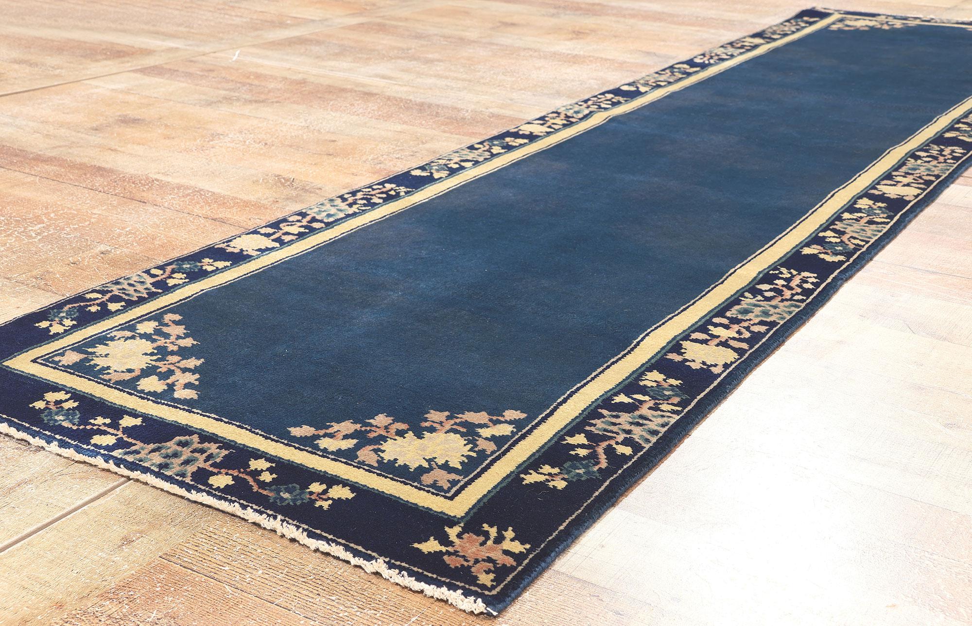 Wool Blue Chinese Art Deco Style Runner, Chinoiserie Chic Meets Modern Luxe For Sale