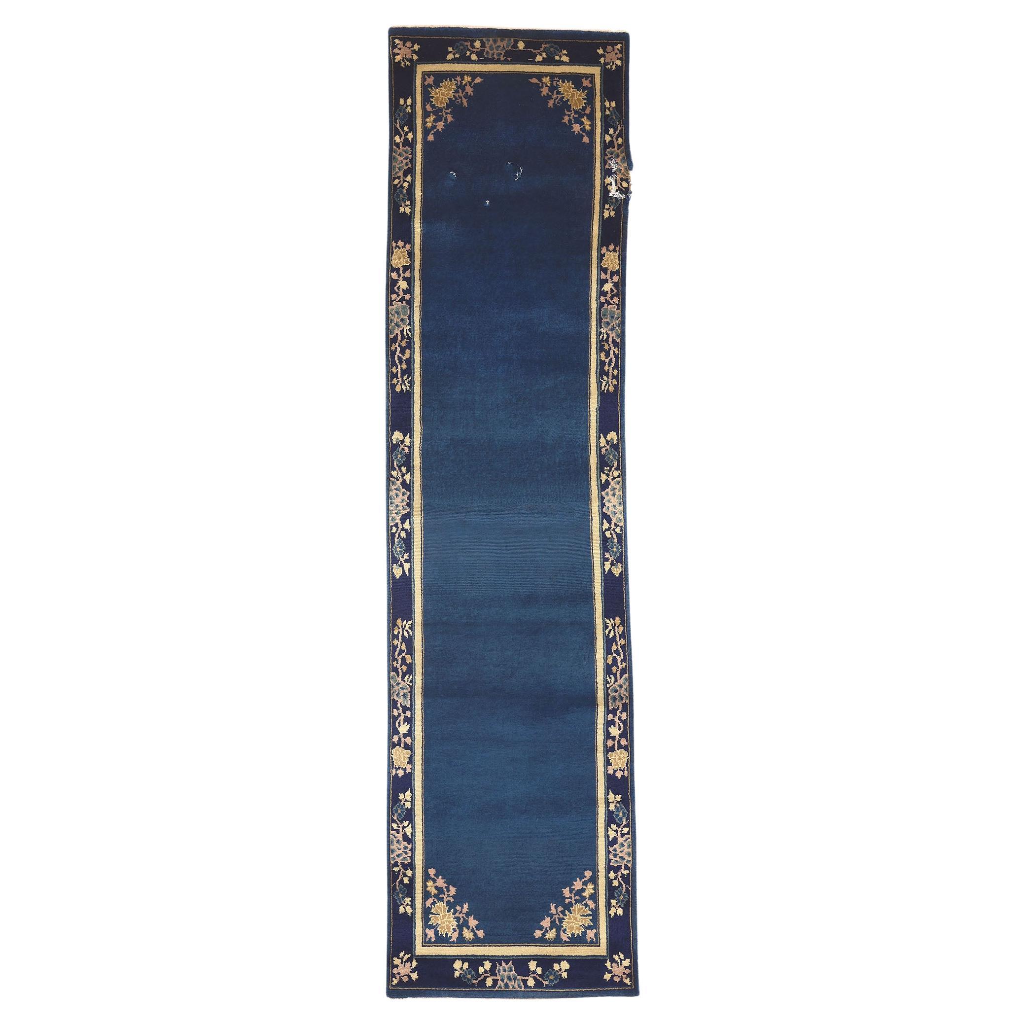 Tapis de couloir bleu de style Art déco chinois, Chinoiserie chic rencontre le luxe moderne en vente