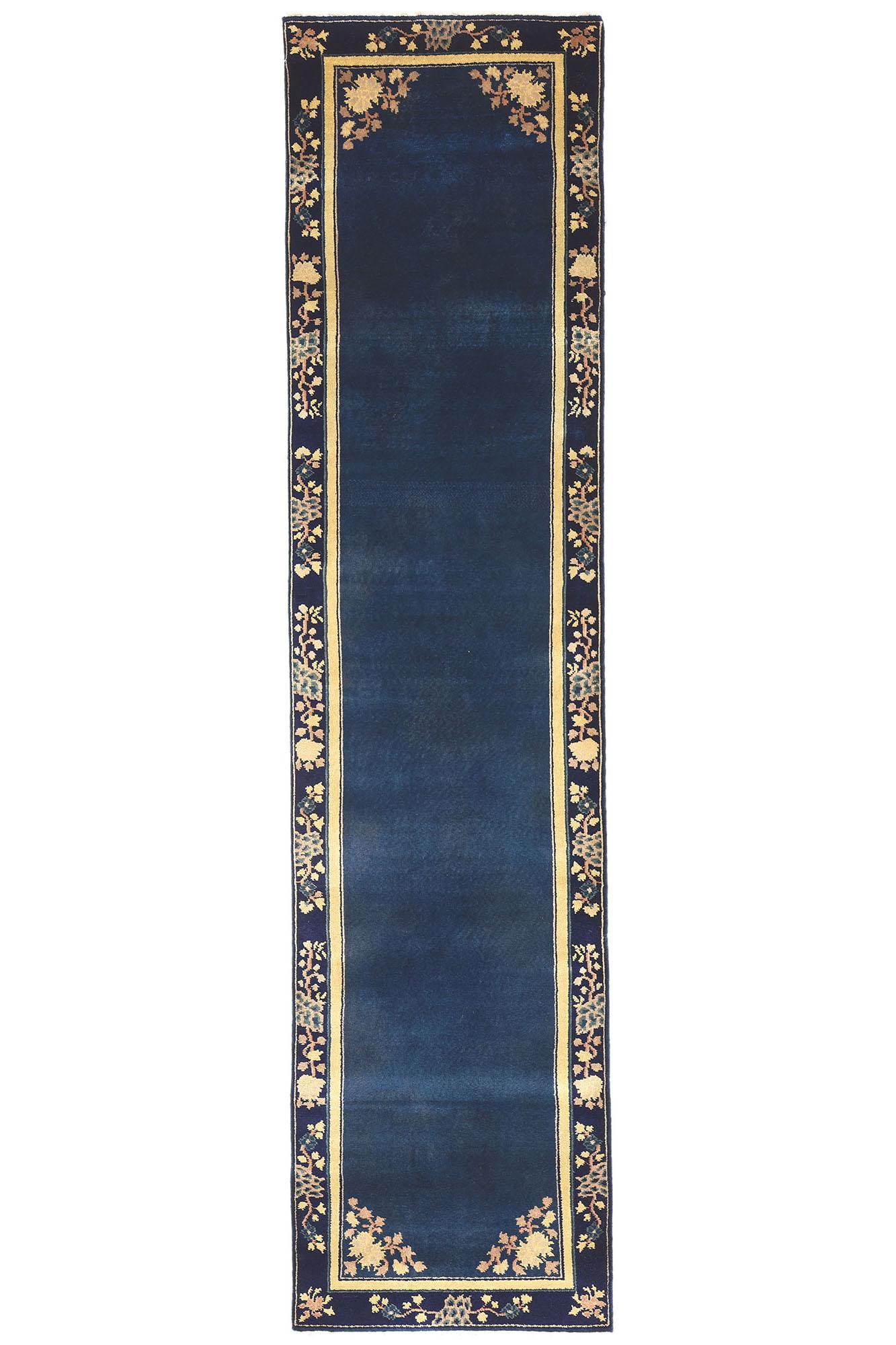 Tapis de couloir bleu de style Art déco chinois, Chinoiserie chic rencontre le luxe moderne