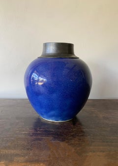 Blue Chinese Ceramic Ginger Jar with Metal Top, Early 20th Century
