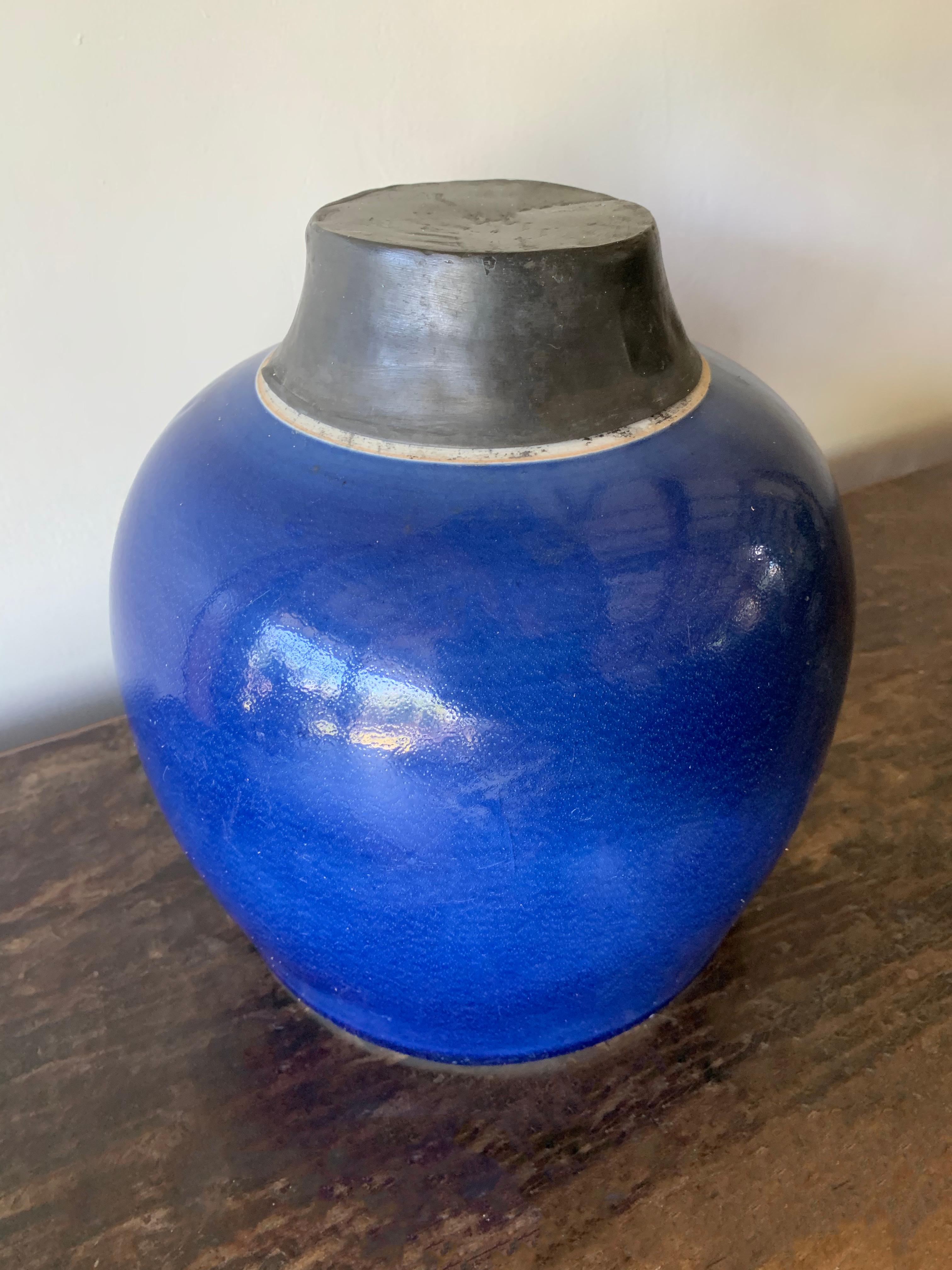 Other Blue Chinese Ceramic Ginger Jar with Metal Top, Early 20th Century For Sale