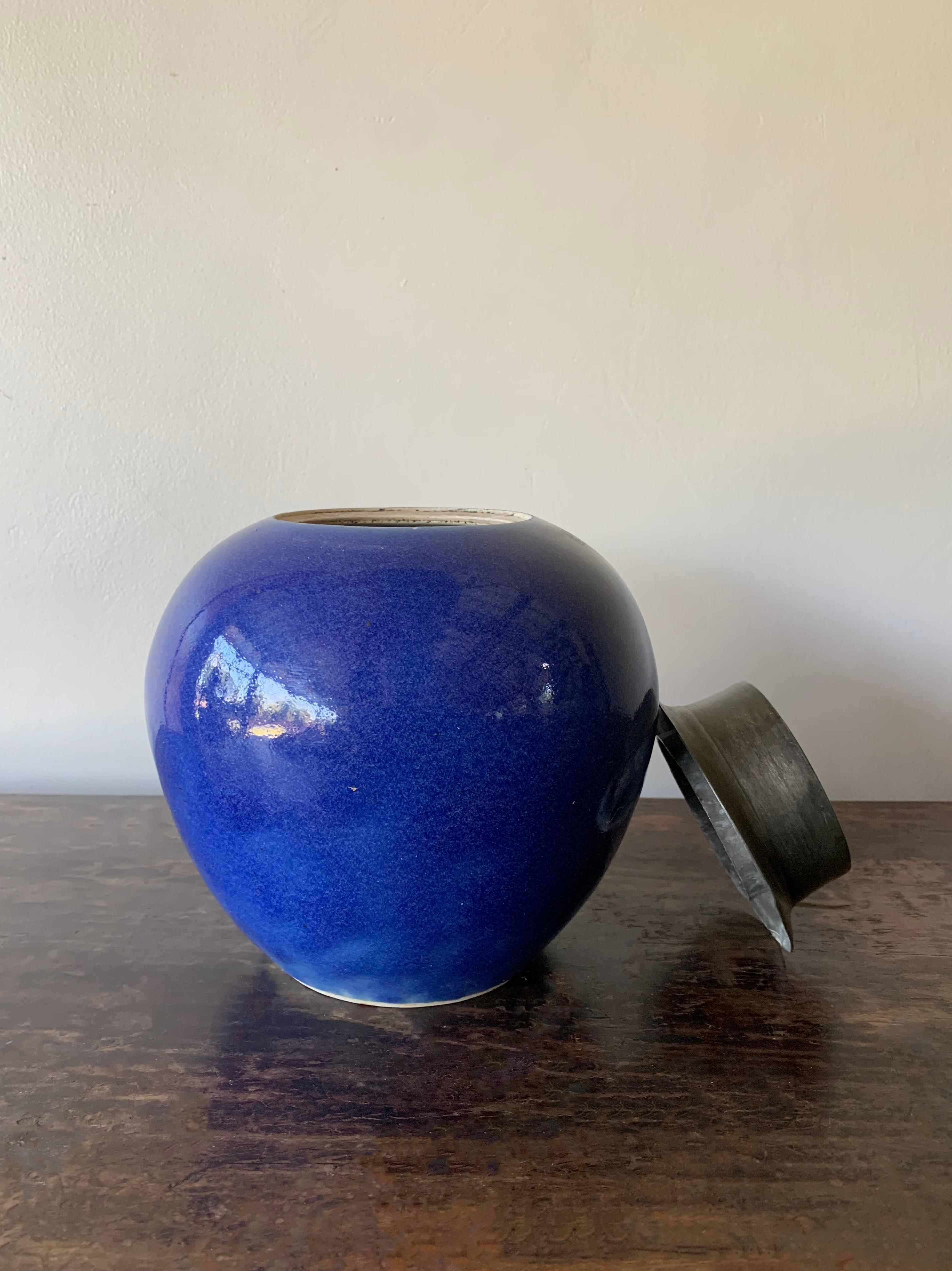 Glazed Blue Chinese Ceramic Ginger Jar with Metal Top, Early 20th Century For Sale
