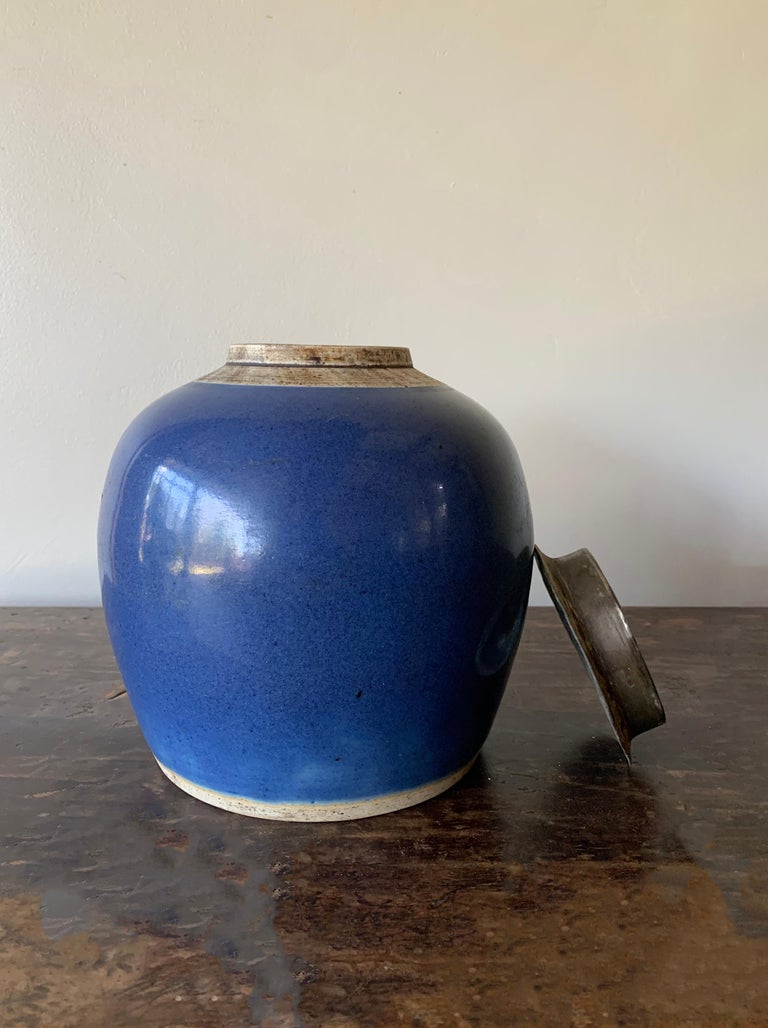 Blue Chinese Ceramic Ginger Jar with Metal Top, Early 20th Century 