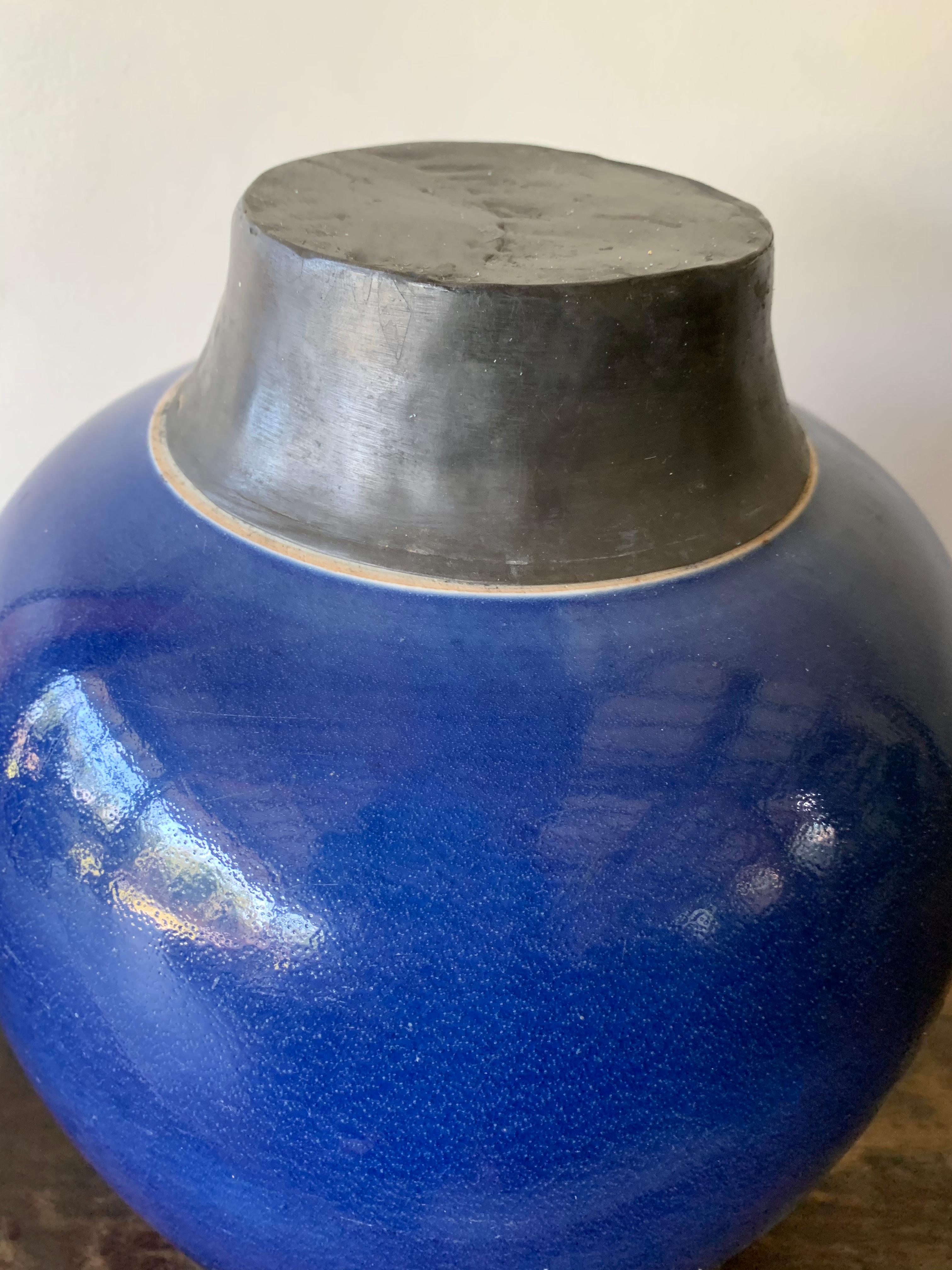 Glazed Blue Chinese Ceramic Ginger Jar with Metal Top, Early 20th Century For Sale