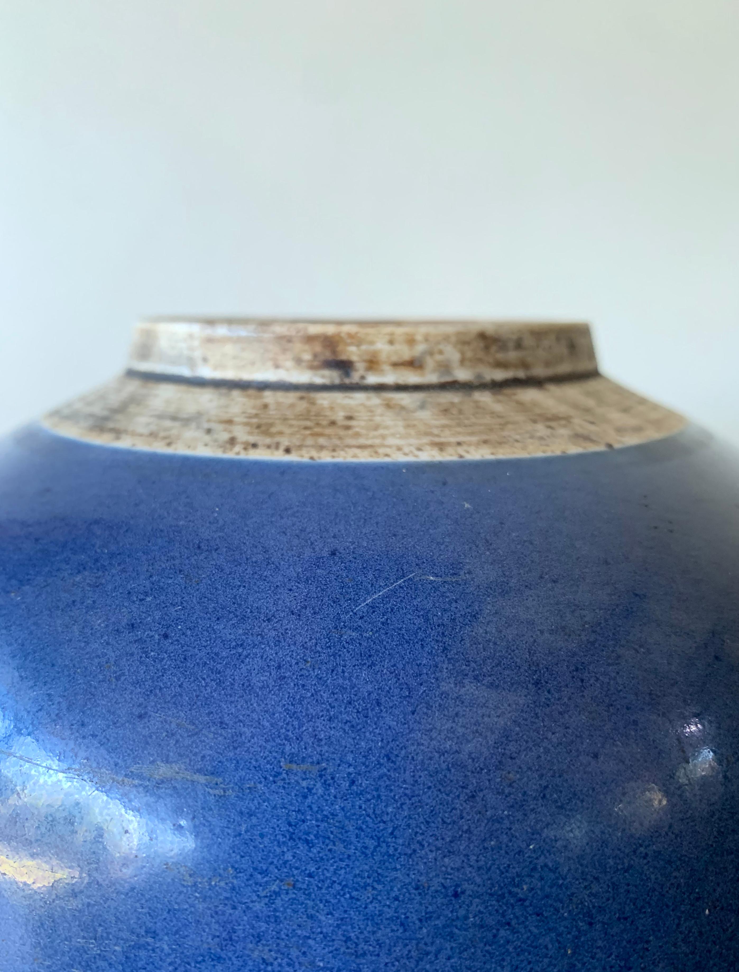 Glazed Blue Chinese Ceramic Ginger Jar with Metal Top, Early 20th Century For Sale