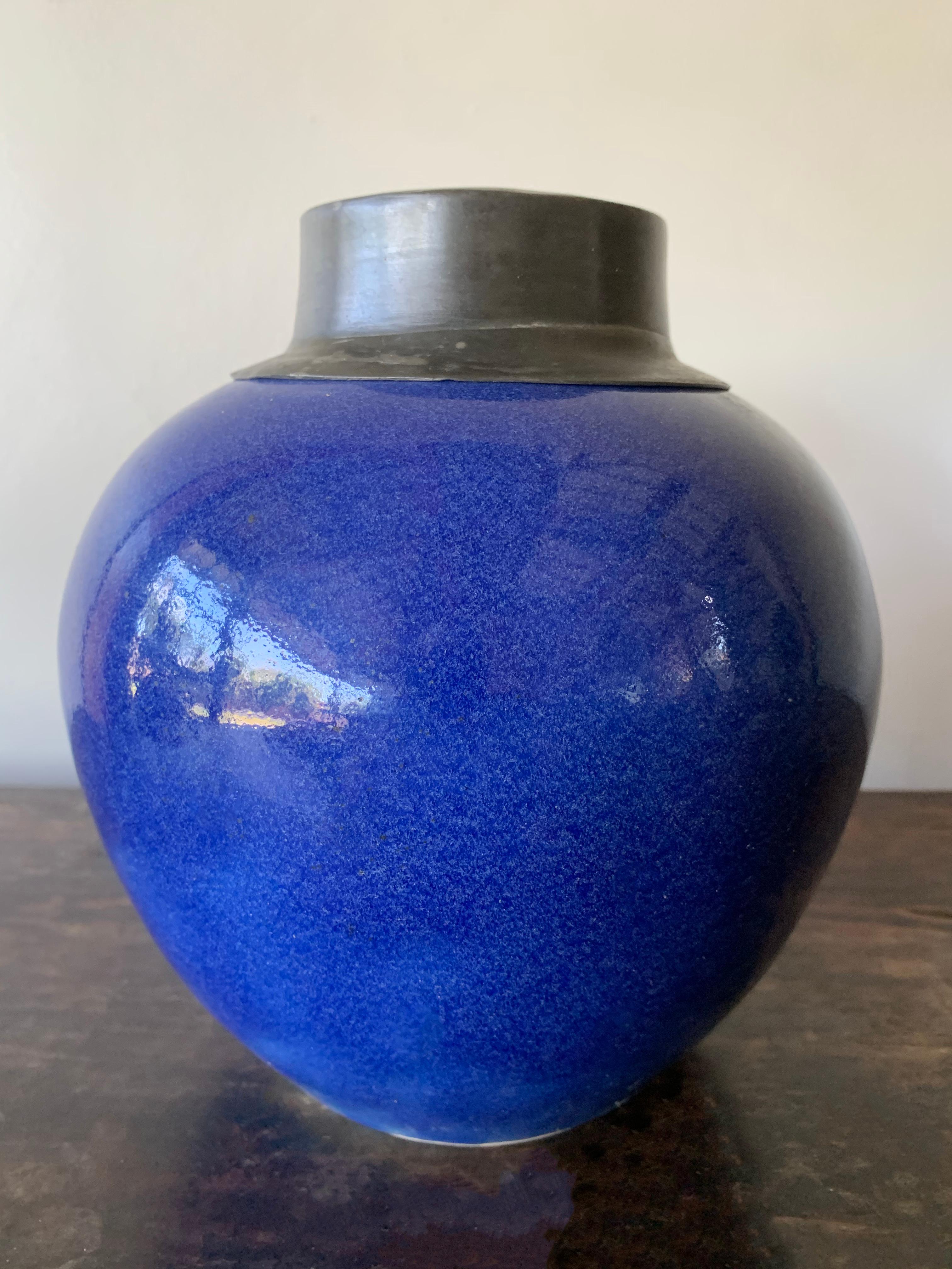 Other Blue Chinese Ceramic Ginger Jar with Metal Top, Early 20th Century For Sale
