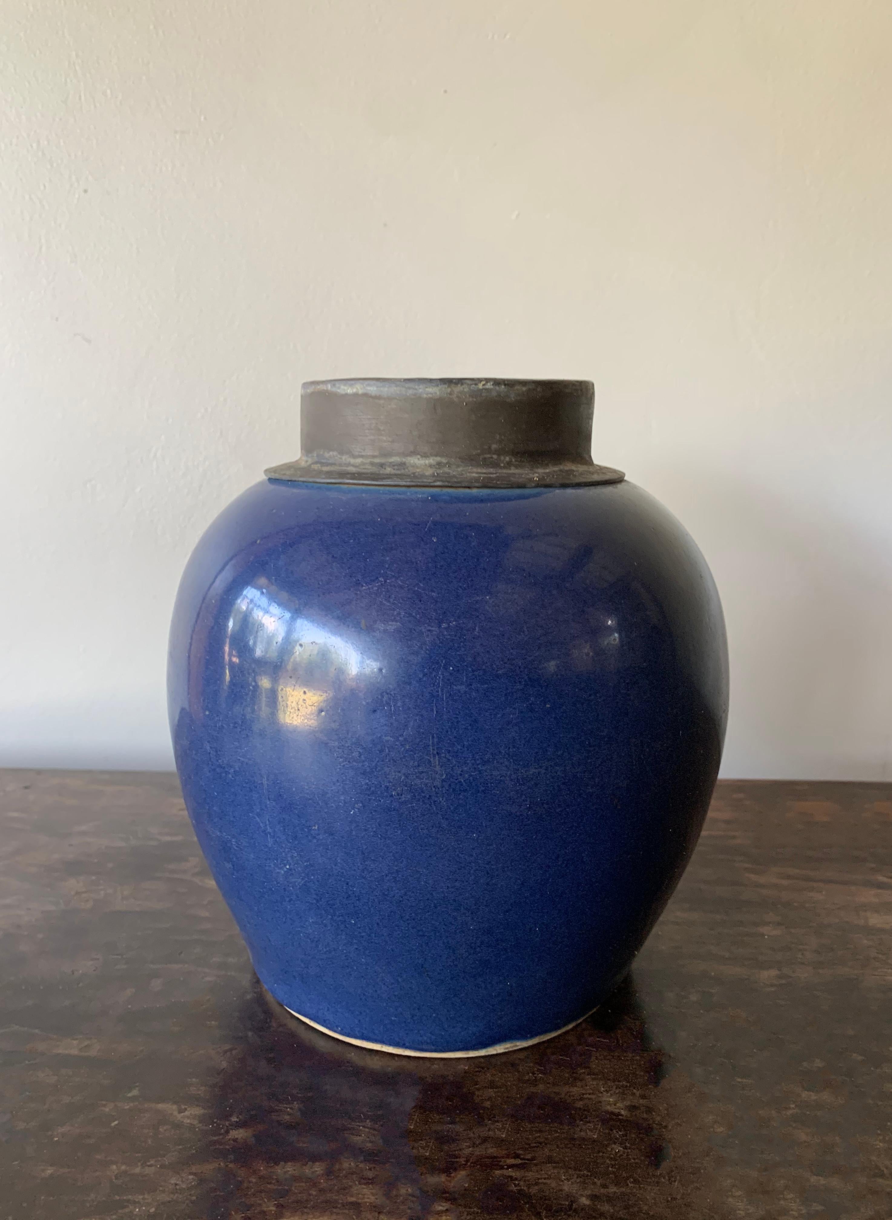 Blue Chinese Ceramic Ginger Jar with Metal Top, Early 20th Century 1