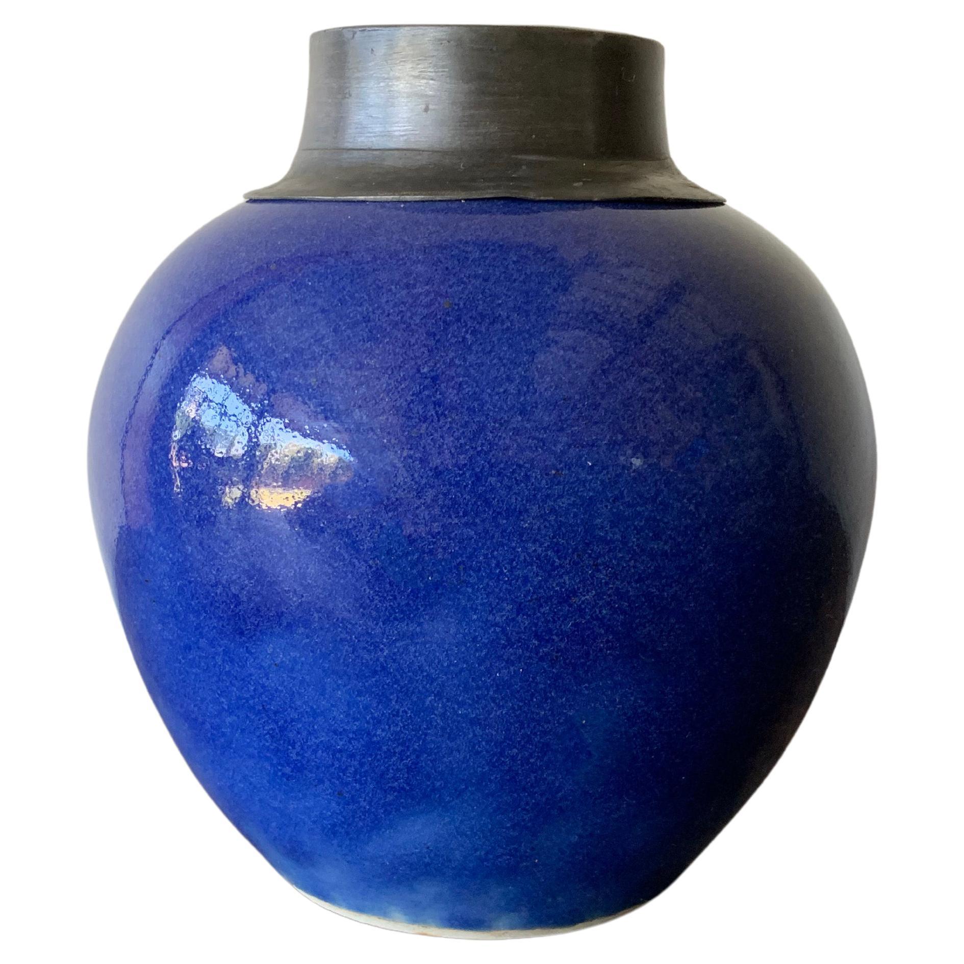 Blue Chinese Ceramic Ginger Jar with Metal Top, Early 20th Century