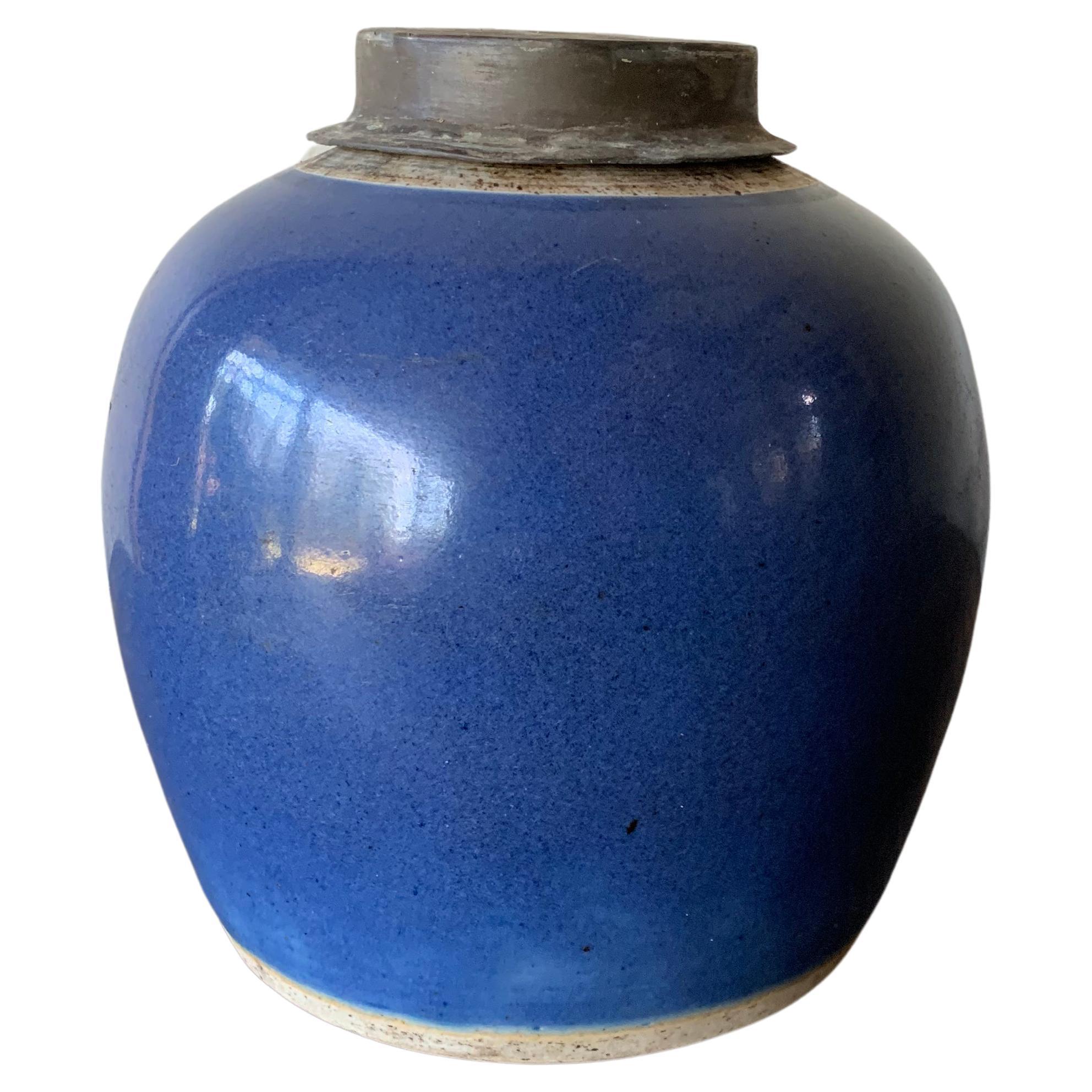 Blue Chinese Ceramic Ginger Jar with Metal Top, Early 20th Century For Sale