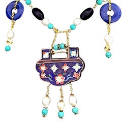 Blue Chinoise Cloisonné Pendant Necklace w/ Lapis Lazuli, Pearls & Turquoise