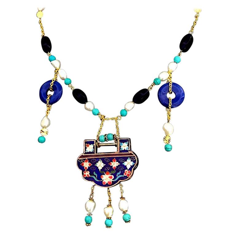 Blue Chinoise Cloisonné Pendant Necklace w/ Lapis Lazuli, Pearls & Turquoise  For Sale