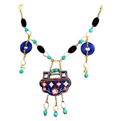 Blue Chinoise Cloisonné Pendant Necklace w/ Lapis Lazuli, Pearls & Turquoise 