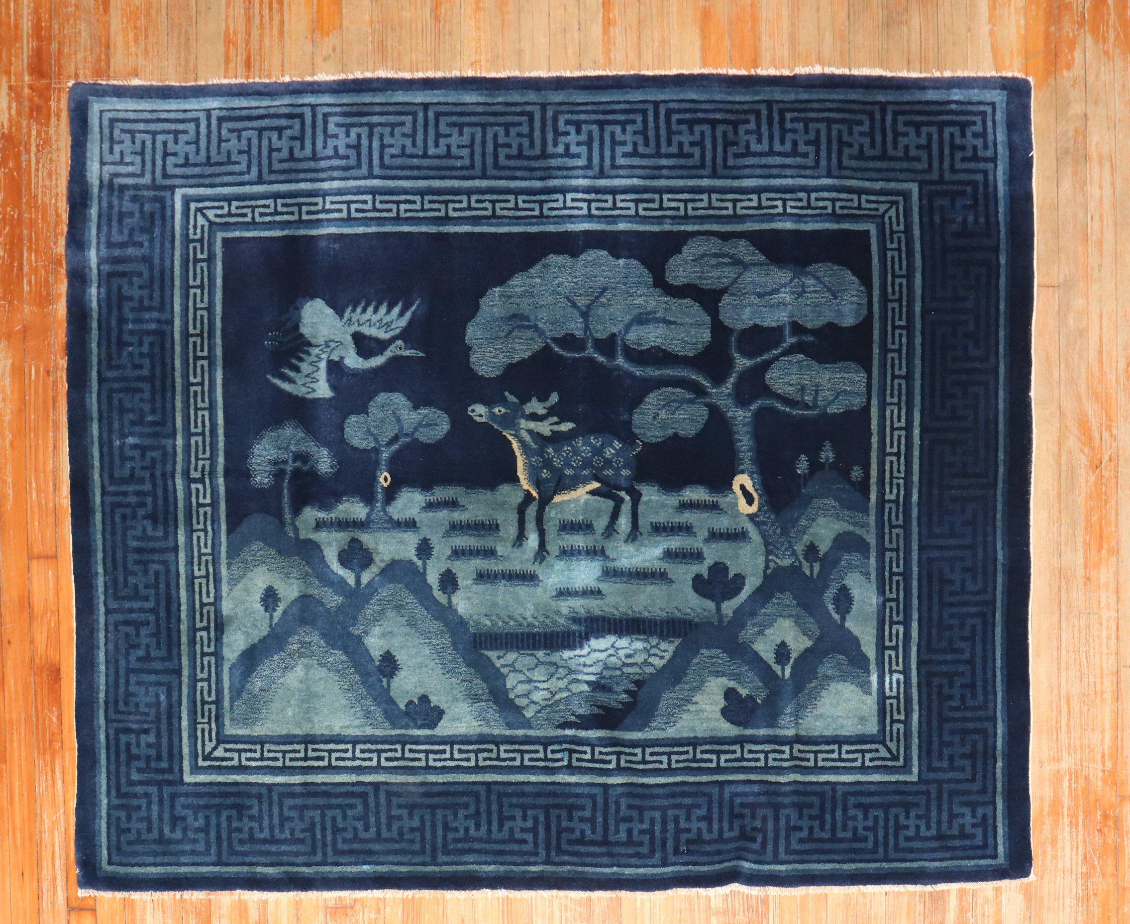 Zabihi Collection Blue Chinese Deer Bird Pictorial Landscape Rug In Good Condition For Sale In New York, NY