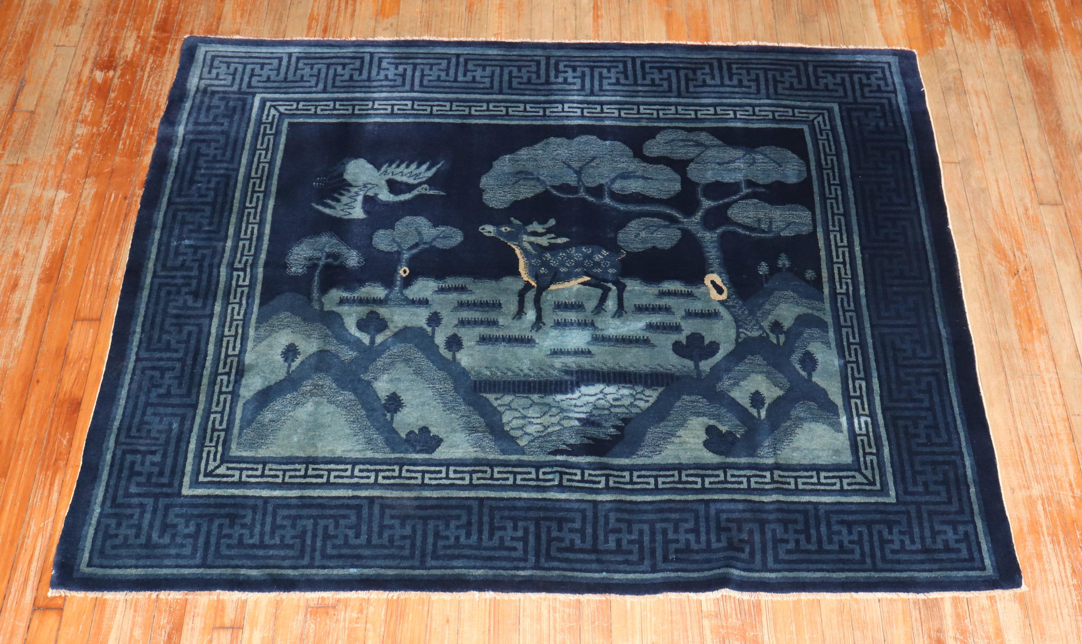20th Century Zabihi Collection Blue Chinese Deer Bird Pictorial Landscape Rug For Sale