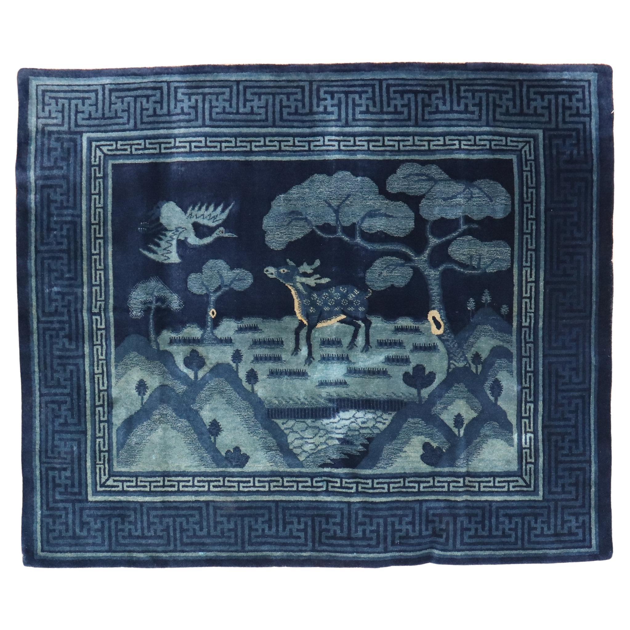 Zabihi Collection Blue Chinese Deer Bird Pictorial Landscape Rug For Sale