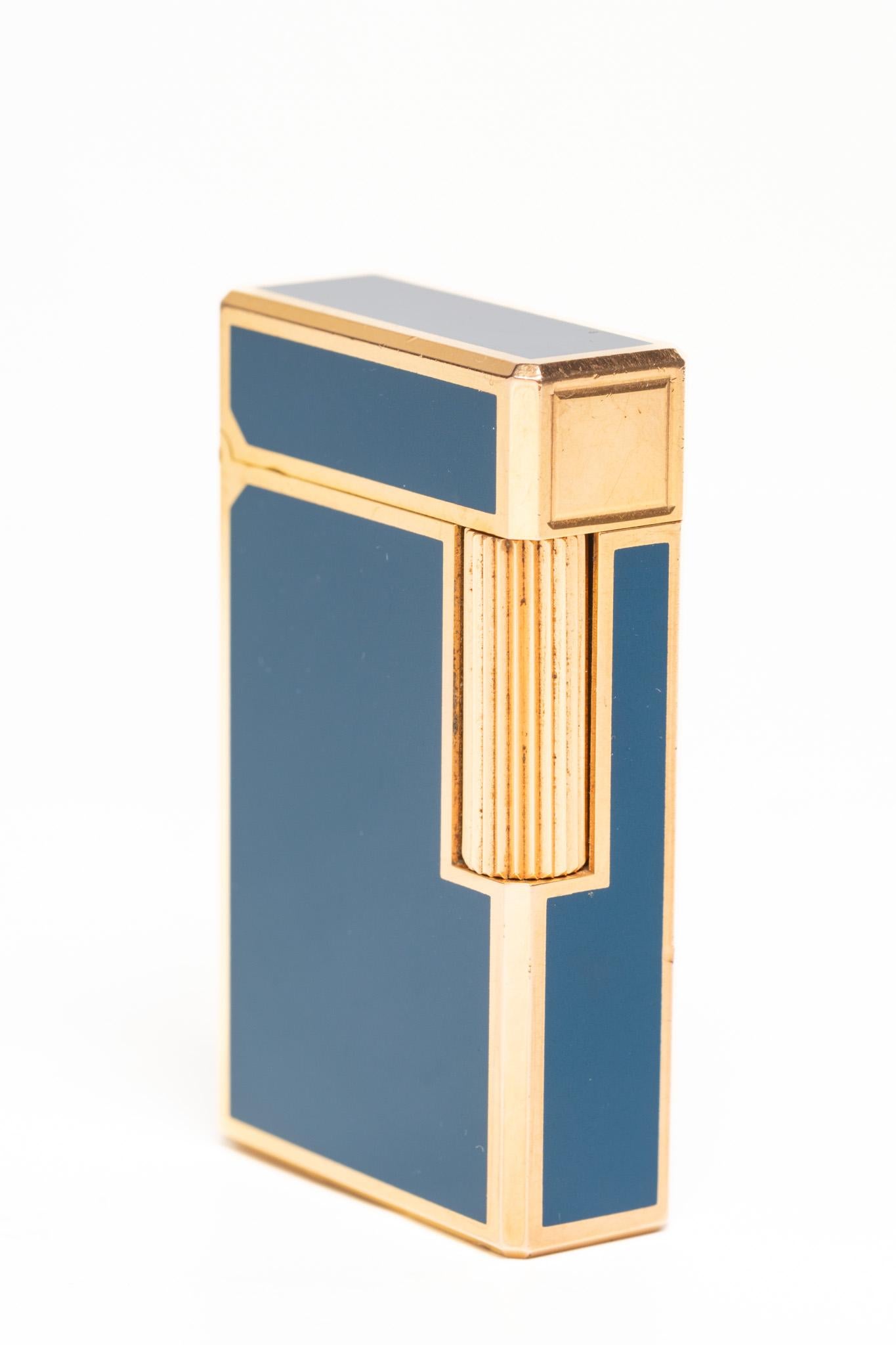Women's or Men's Blue Chinese Lacquer S. T. Dupont Ligne 1 Gold Plated Lighter