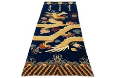 Blue Chinese Ningxia Wool Rug – Five-Clawed Imperial Dragon & Mongolian Script