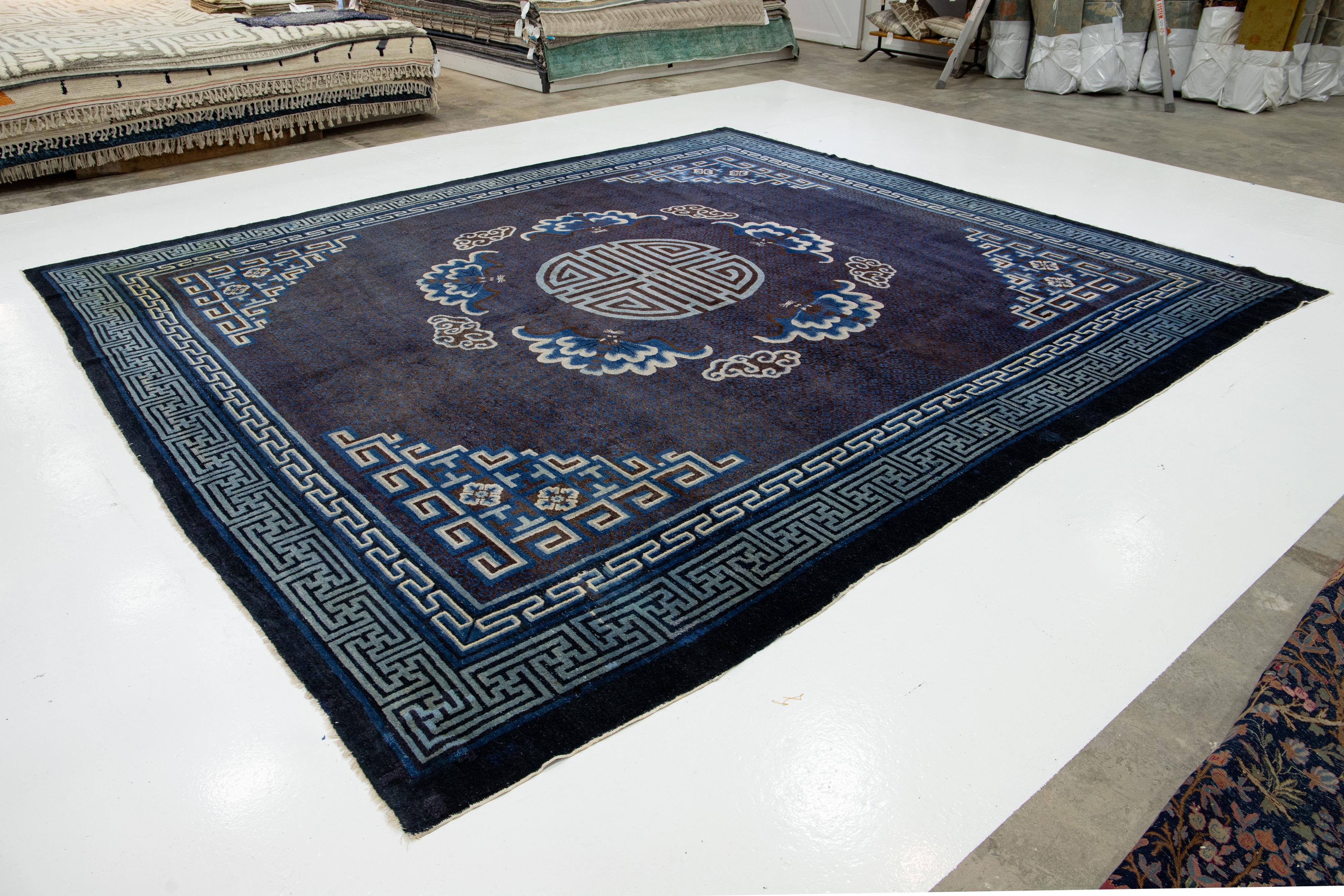 Chinese Export Blue Chinese Peking Handmade Designed Wool Rug From the 1920s For Sale