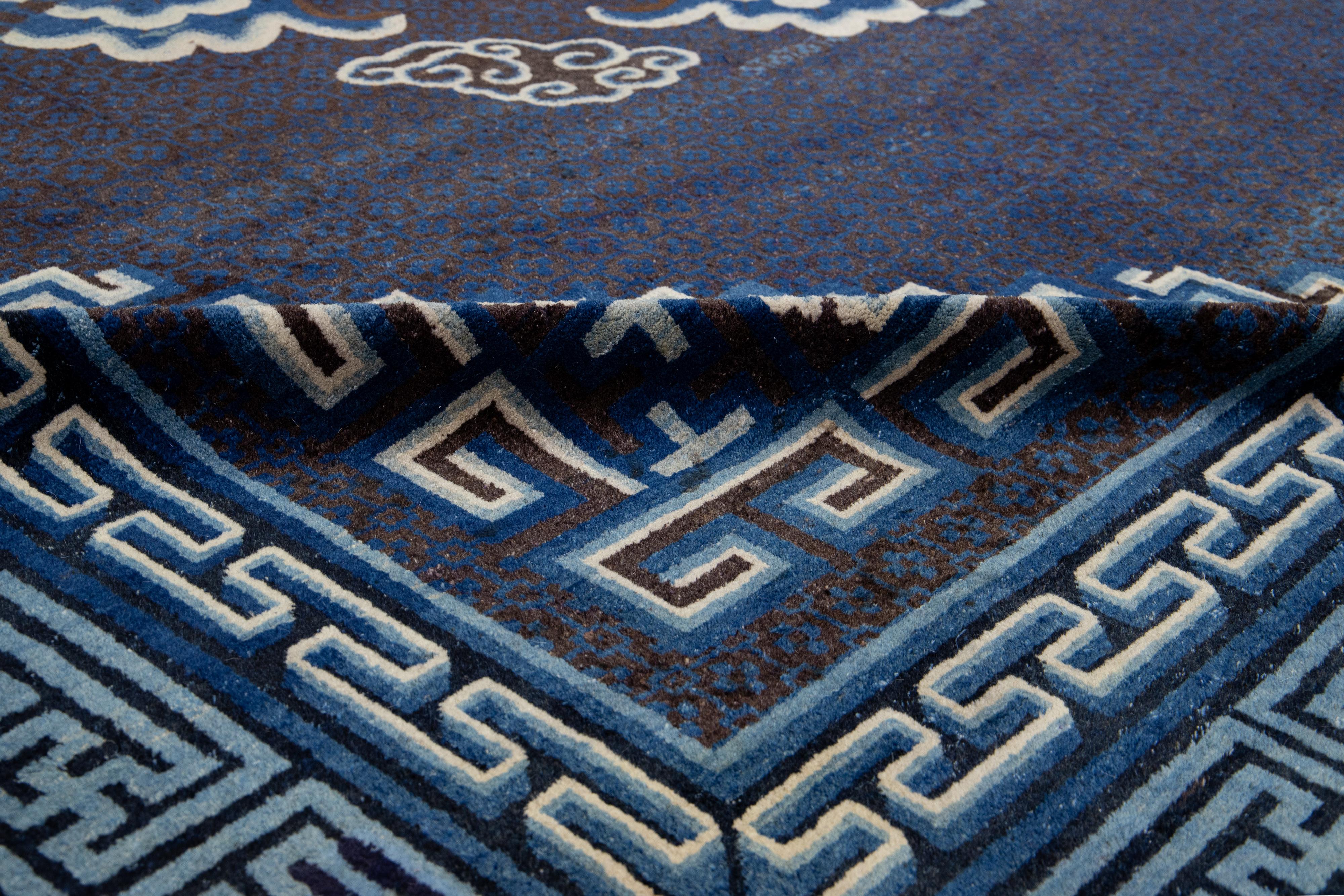 Hand-Knotted Blue Chinese Peking Handmade Designed Wool Rug From the 1920s For Sale