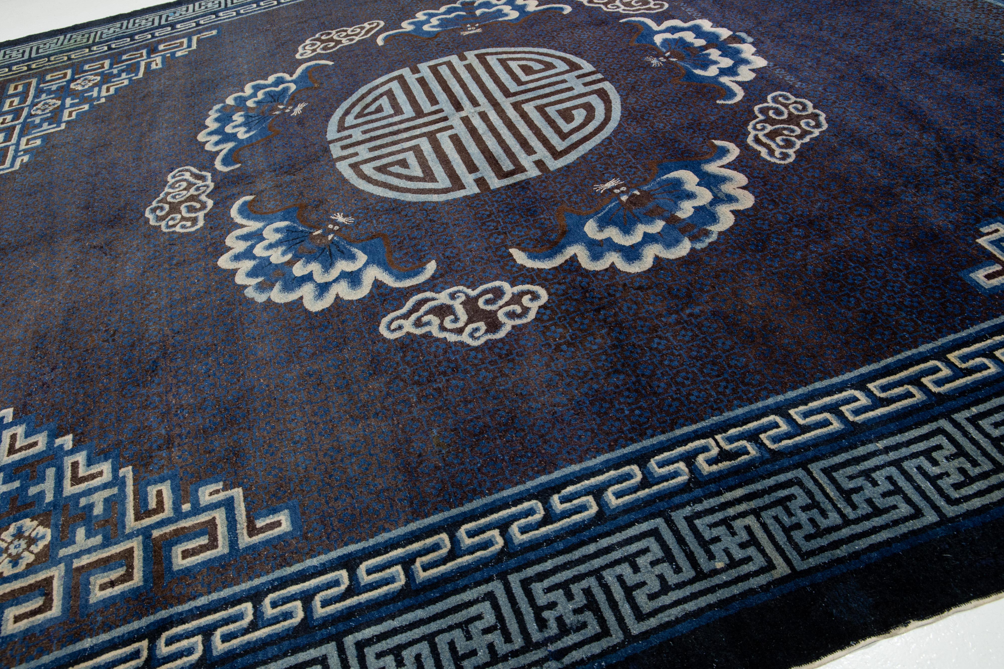 Blue Chinese Peking Handmade Designed Wool Rug From the 1920s In Good Condition For Sale In Norwalk, CT