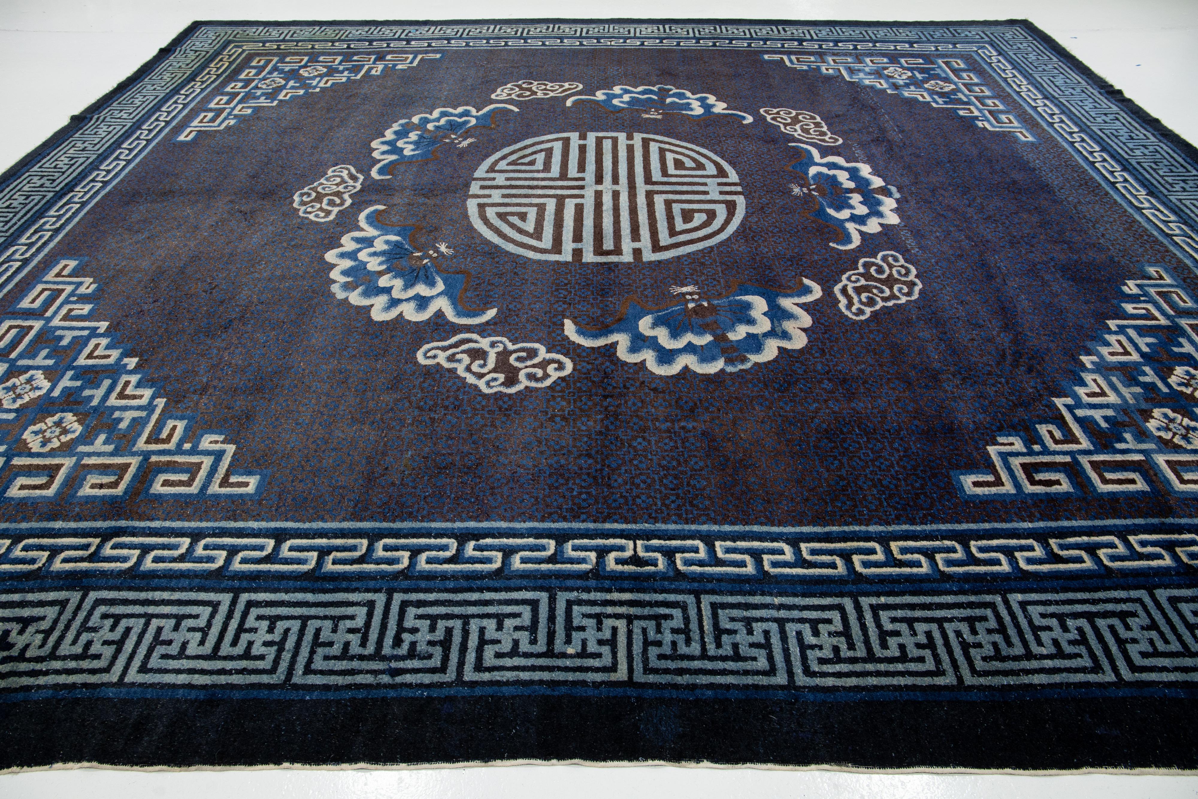 20th Century Blue Chinese Peking Handmade Designed Wool Rug From the 1920s For Sale