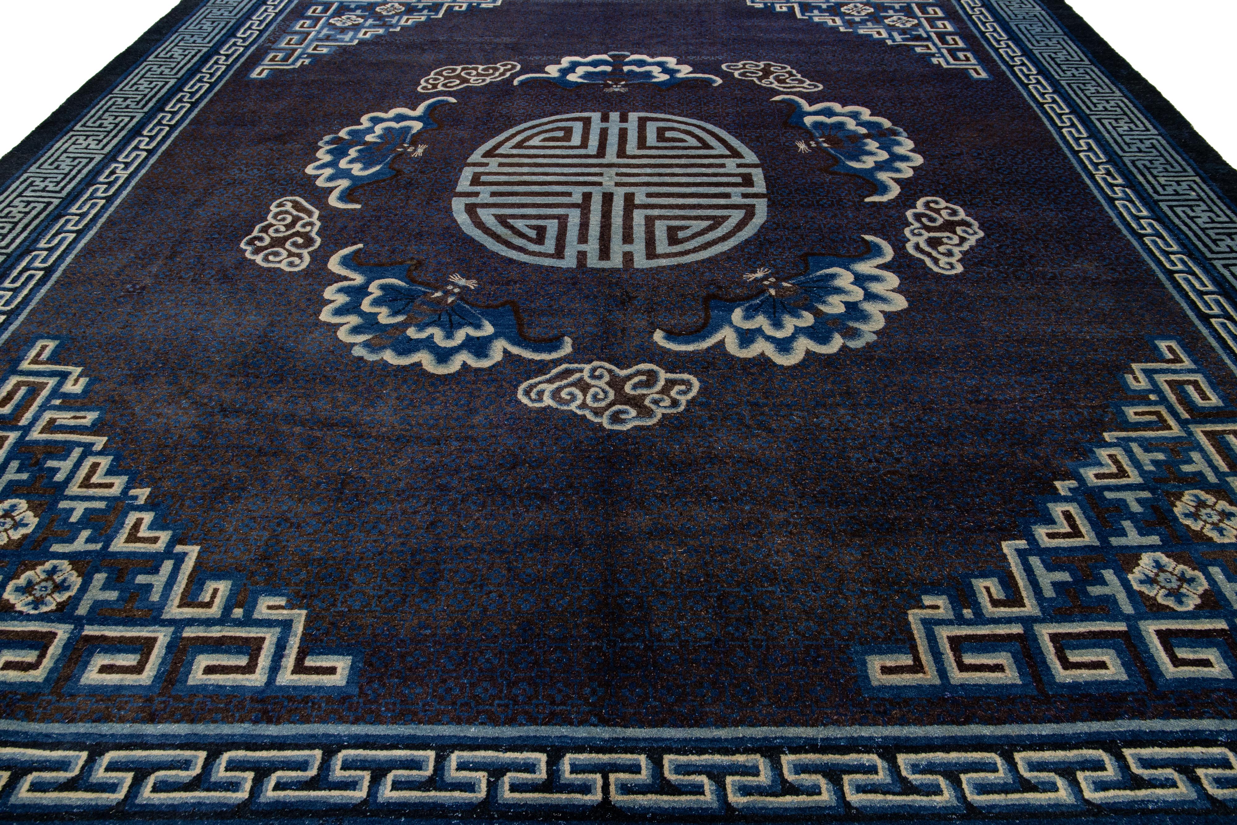 Blue Chinese Peking Handmade Designed Wool Rug From the 1920s For Sale 1