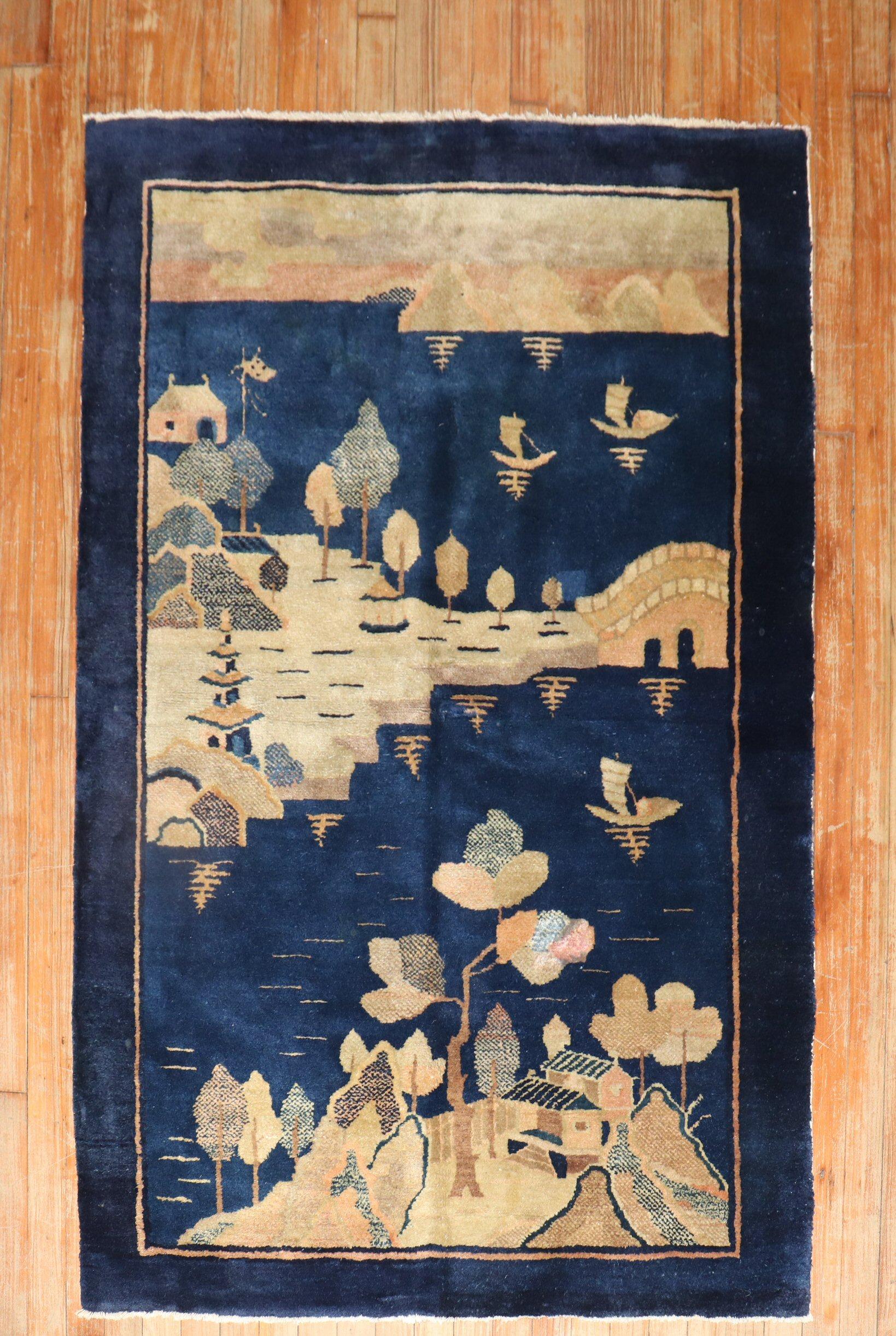 Hand-Woven Blue Chinese Pictorial Rug For Sale