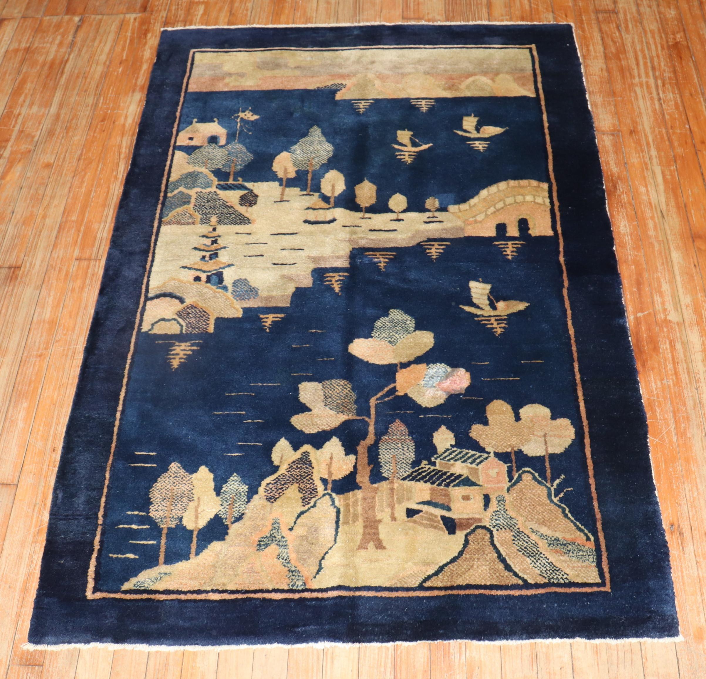 Blue Chinese Pictorial Rug In Good Condition For Sale In New York, NY