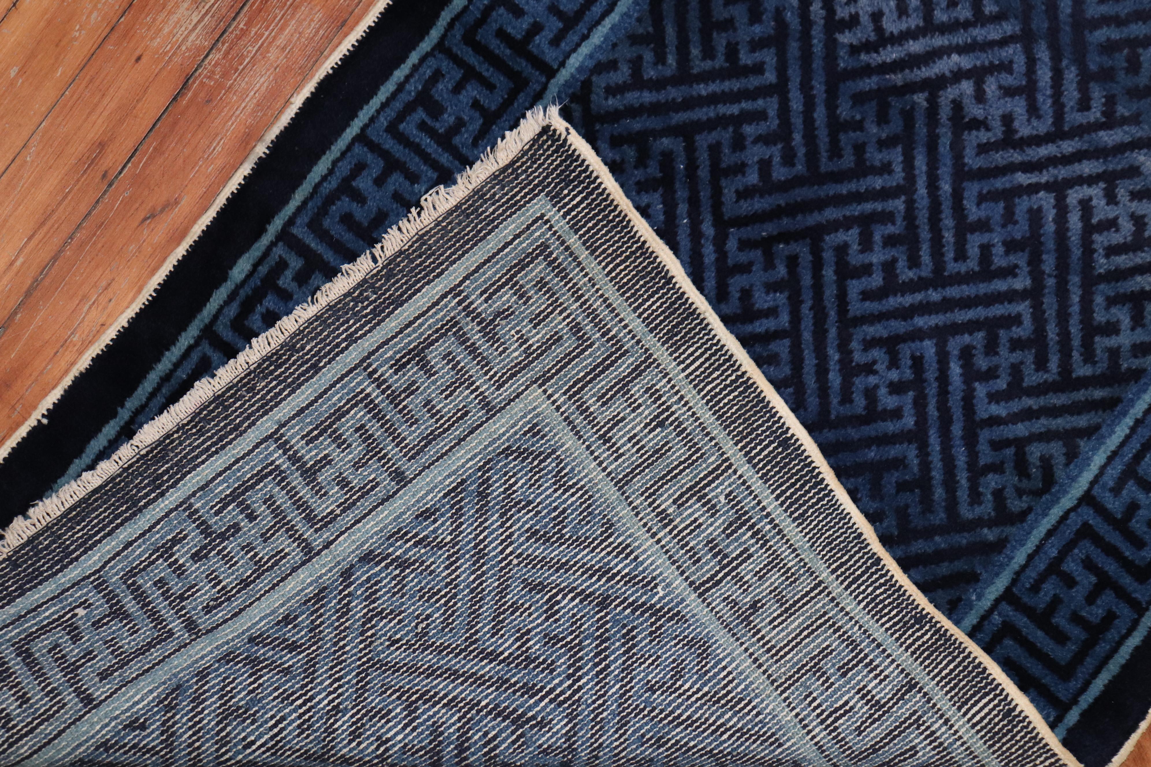 Rare blue 2-tone Chinese narrow runner from the middle of the 20th century. Repetitive Design in field and border. The condition is excellent

Measures: 2'4
