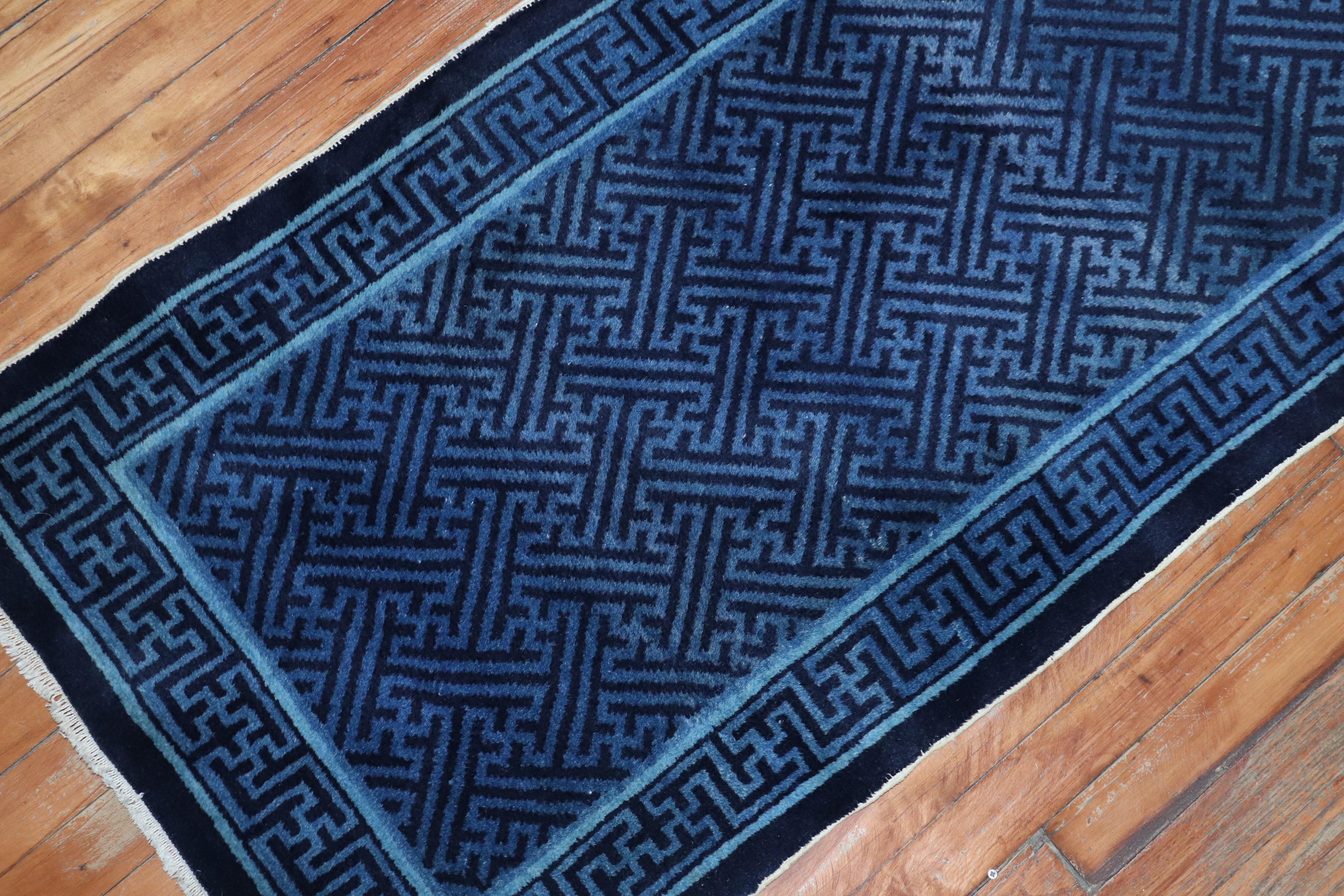 Hand-Woven Blue Chinese Runner, Mid-20th Century For Sale