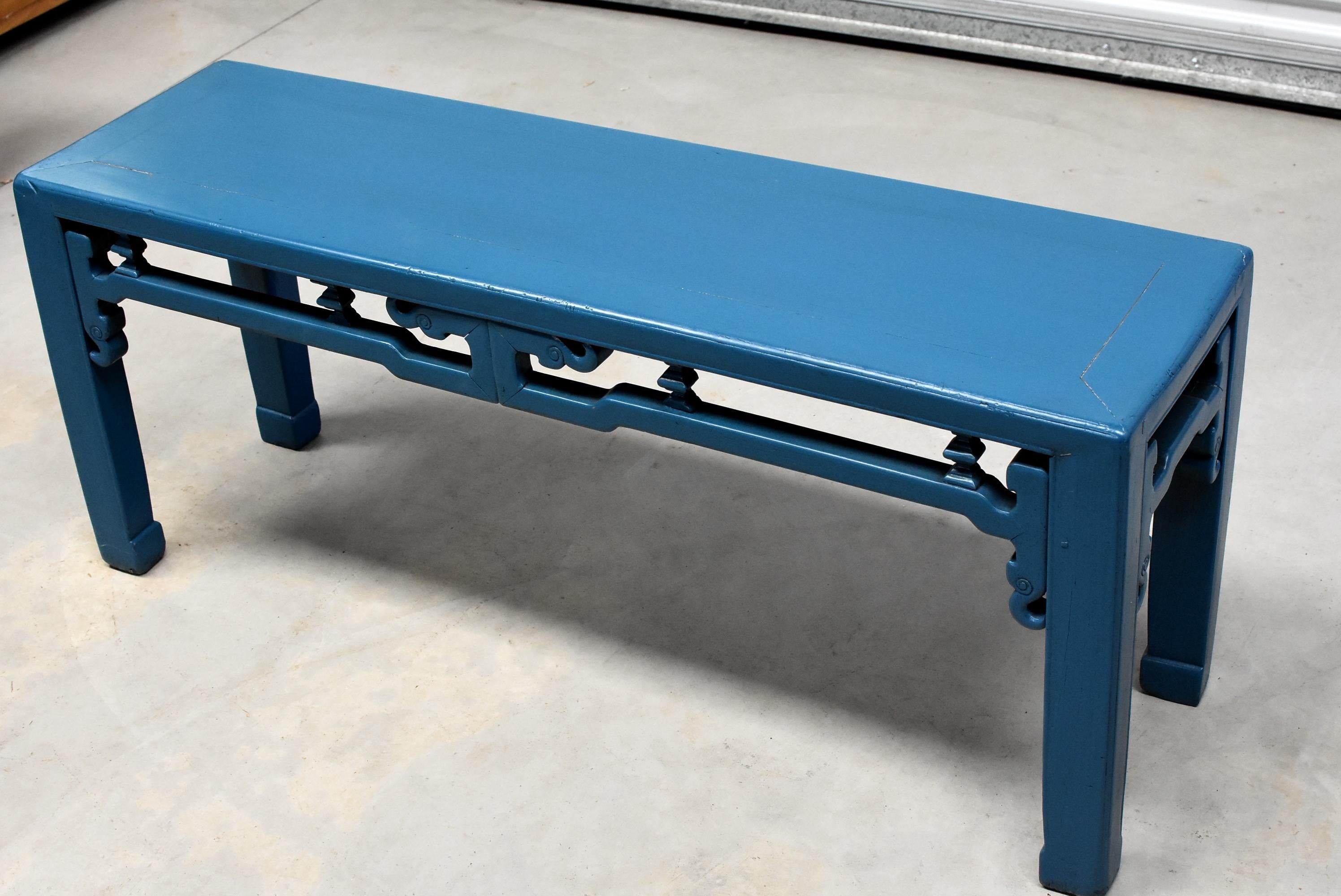 Hand-Carved Blue Chinese Spring Bench, Qing Style, Antique in Modern Finish