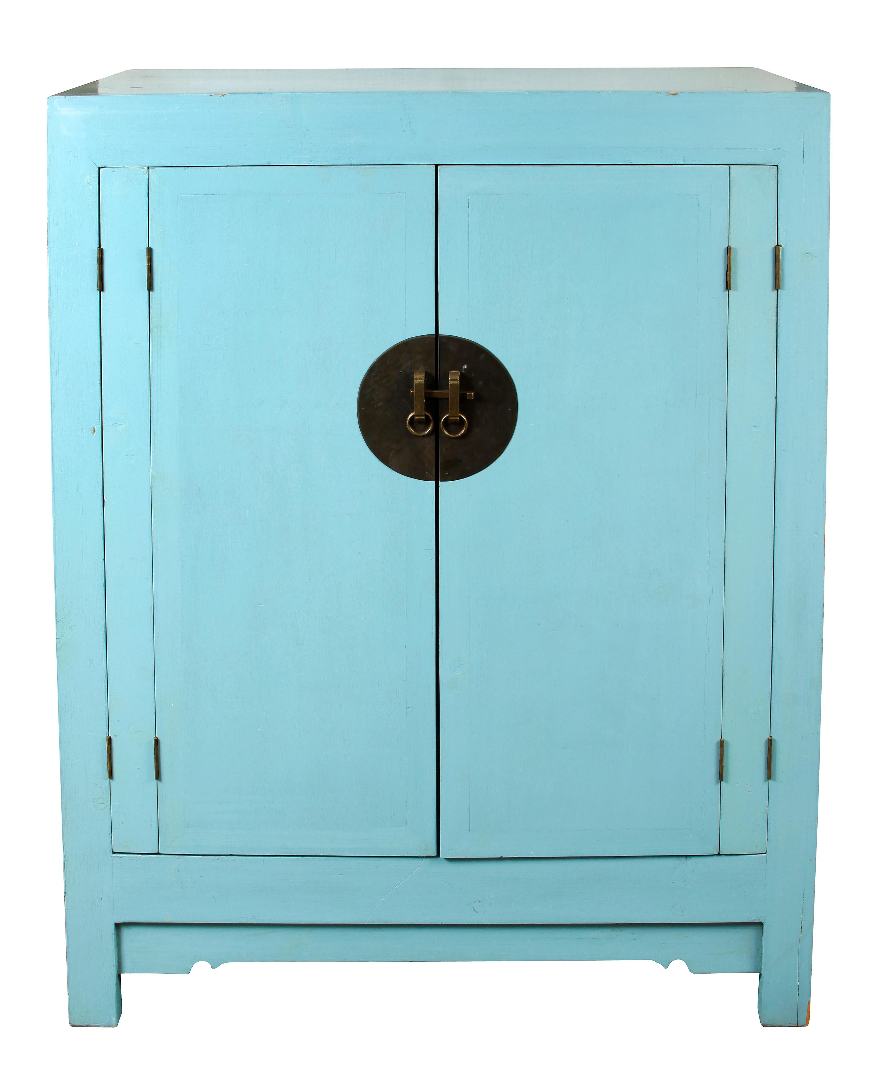 tall blue chinese cabinet with doors