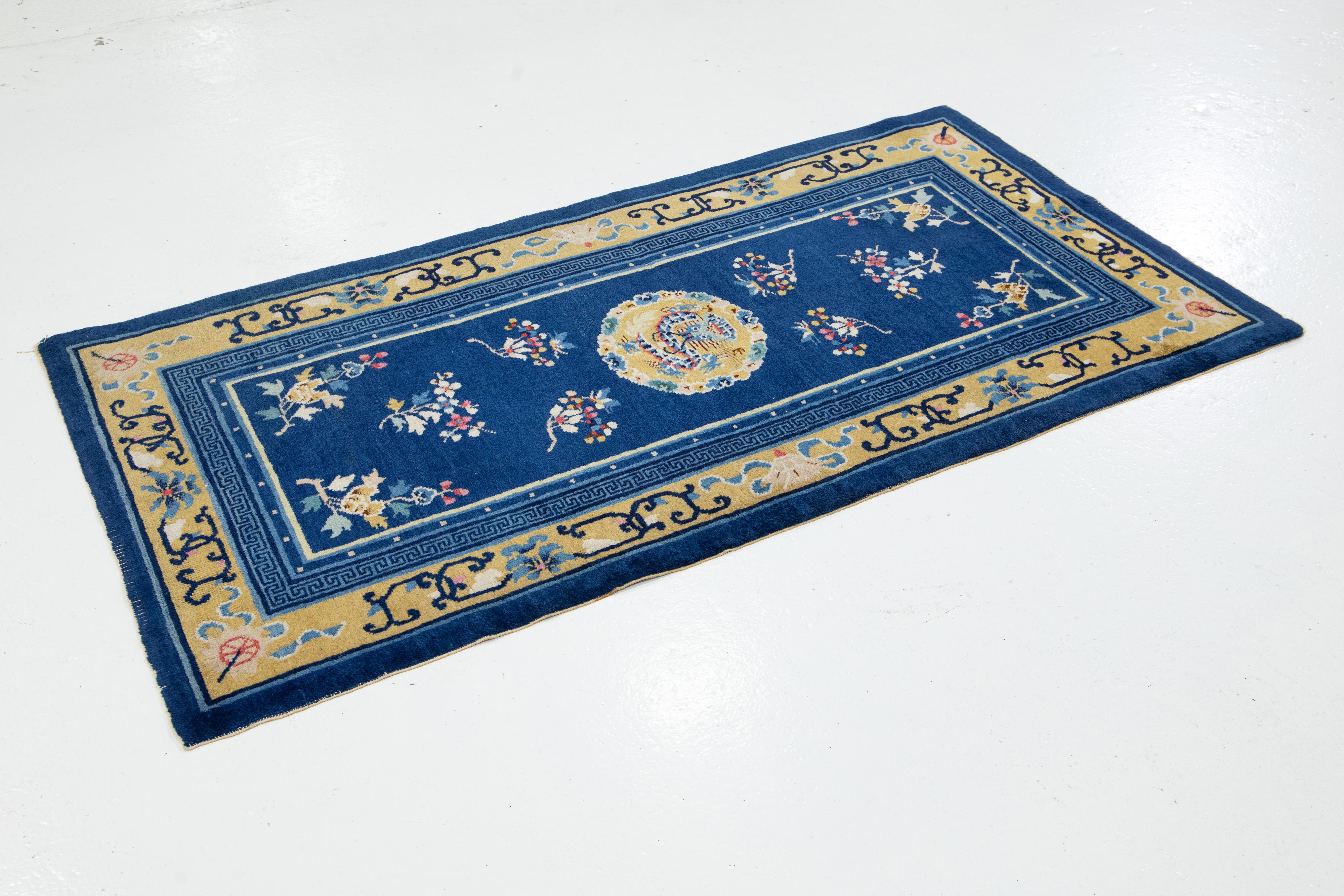 Chinese Chippendale Blue Chinese Vintage Peking Handmade Wool Rug With Dragon Design For Sale