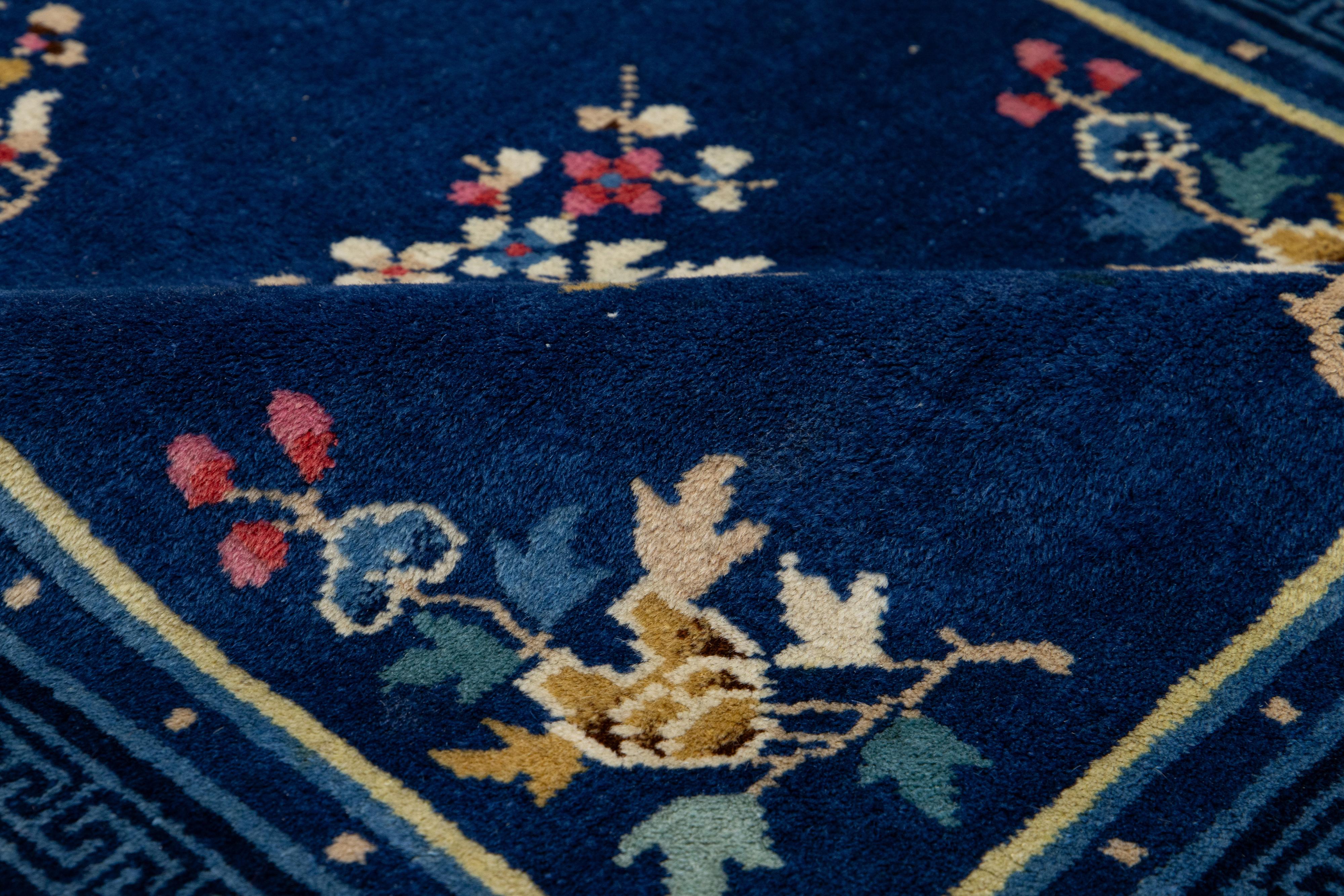 Hand-Knotted Blue Chinese Vintage Peking Handmade Wool Rug With Dragon Design For Sale