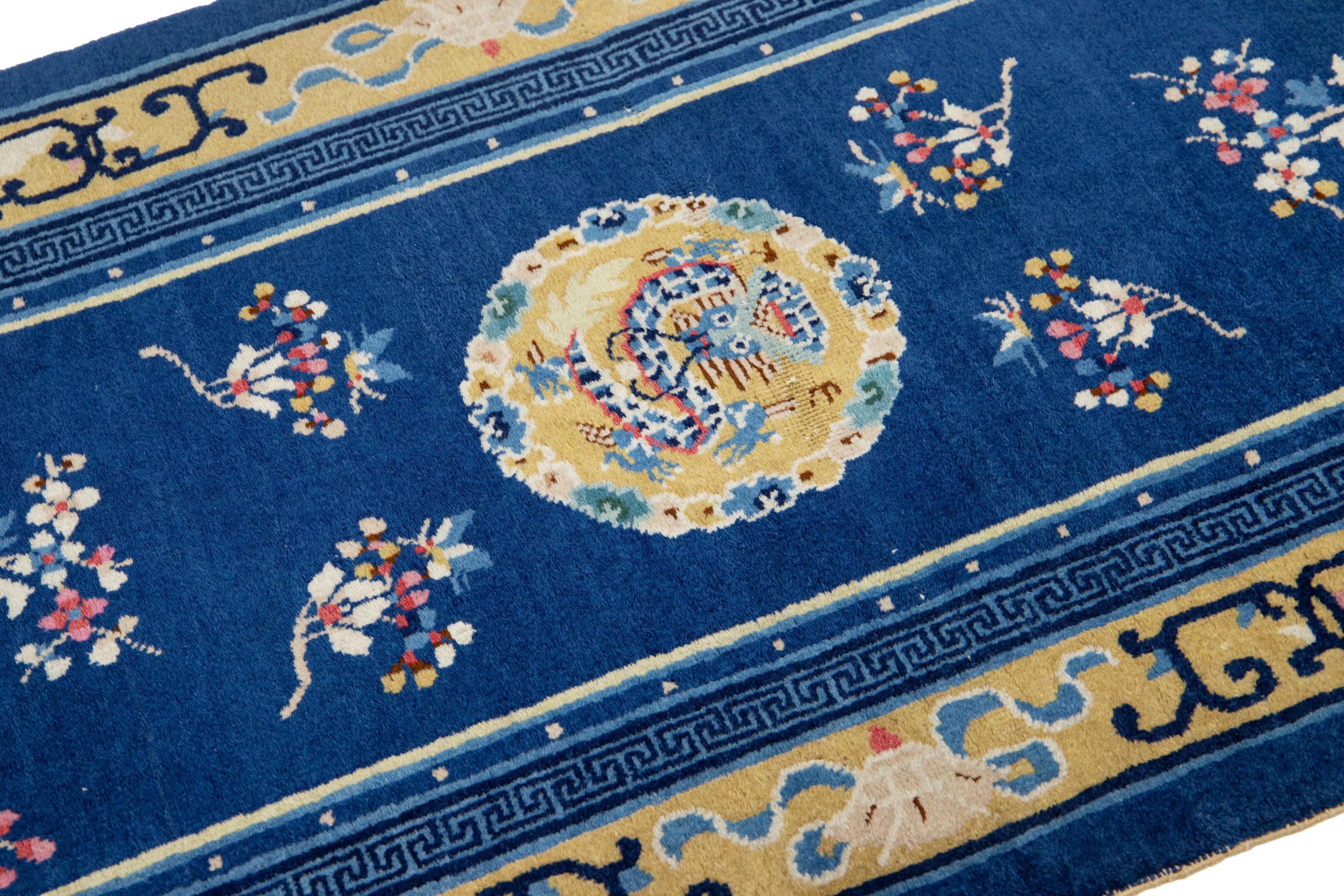 Blue Chinese Vintage Peking Handmade Wool Rug With Dragon Design In Excellent Condition For Sale In Norwalk, CT