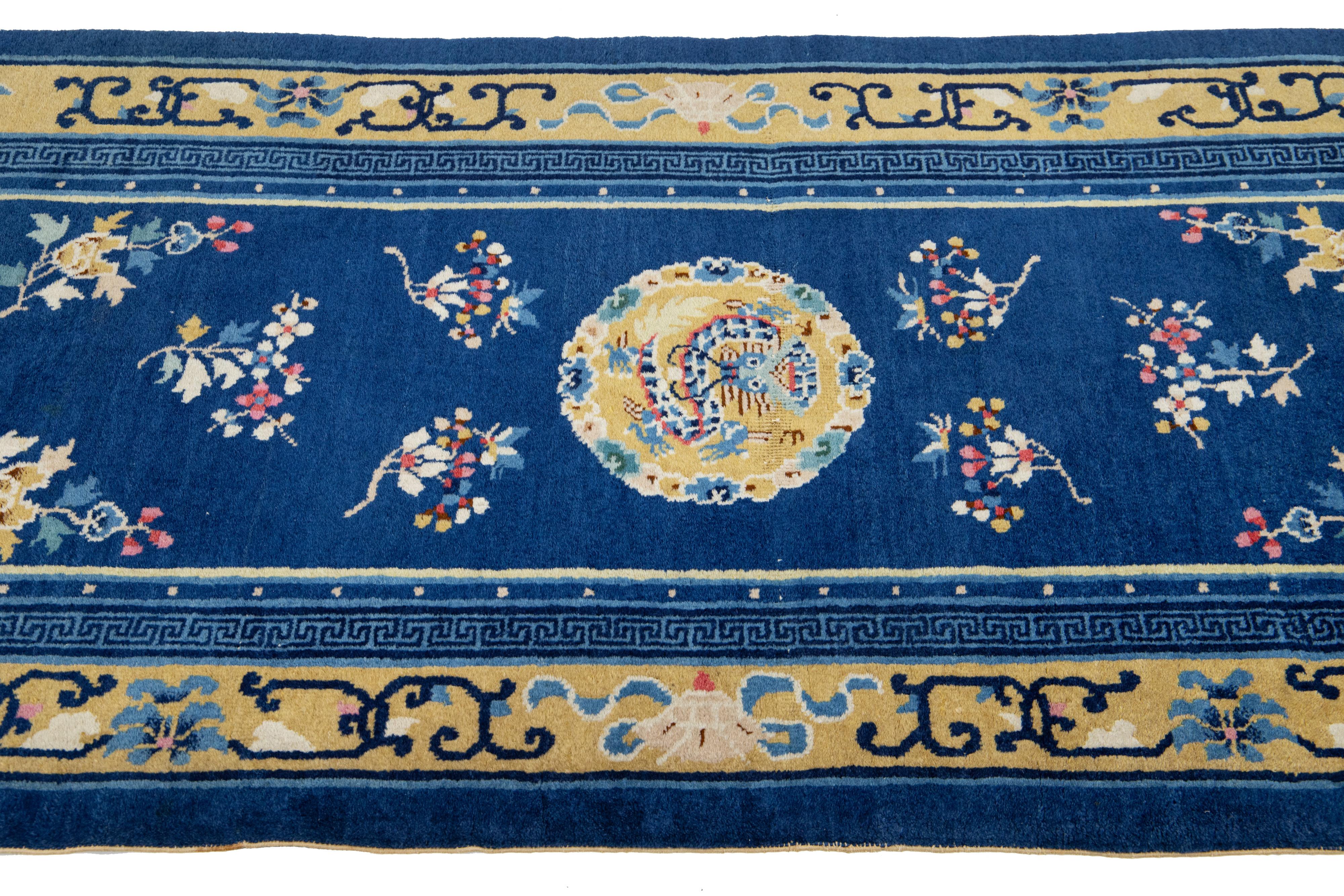 Early 20th Century Blue Chinese Vintage Peking Handmade Wool Rug With Dragon Design For Sale