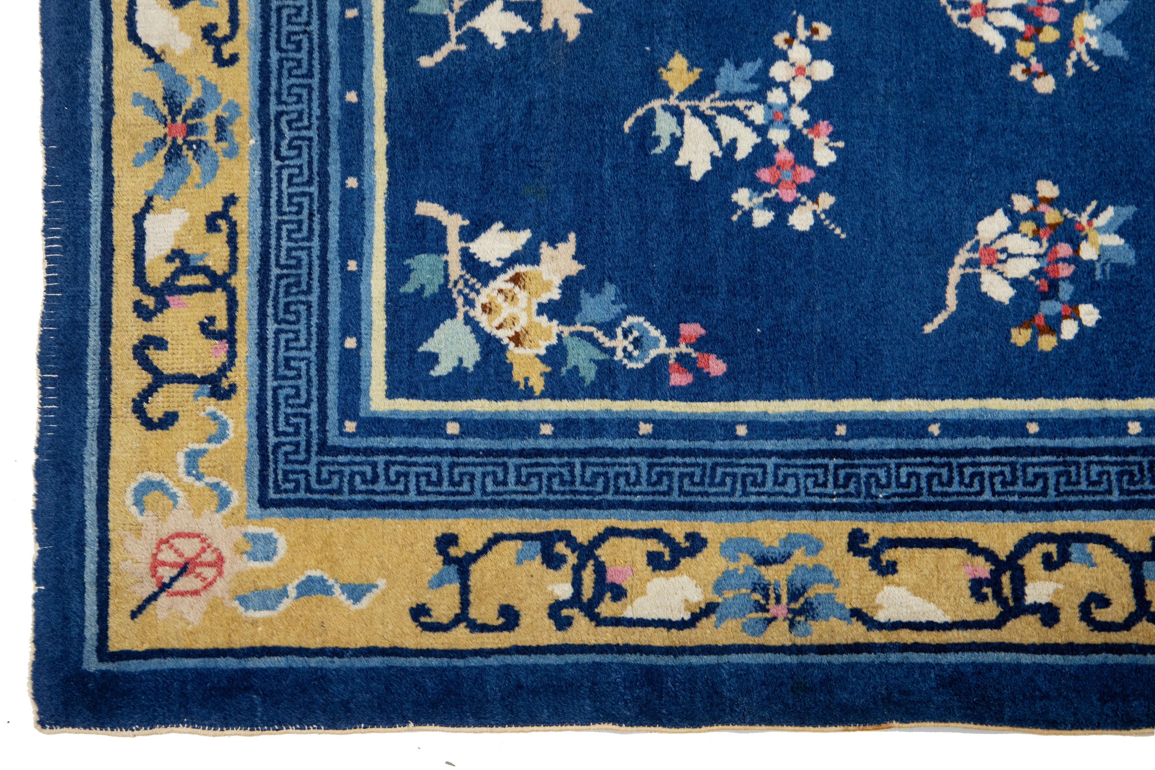 Blue Chinese Vintage Peking Handmade Wool Rug With Dragon Design For Sale 1