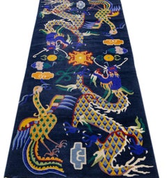 Blue Chinese Vintage Peking Handmade Wool Rug with Mullticolor Dragon Design