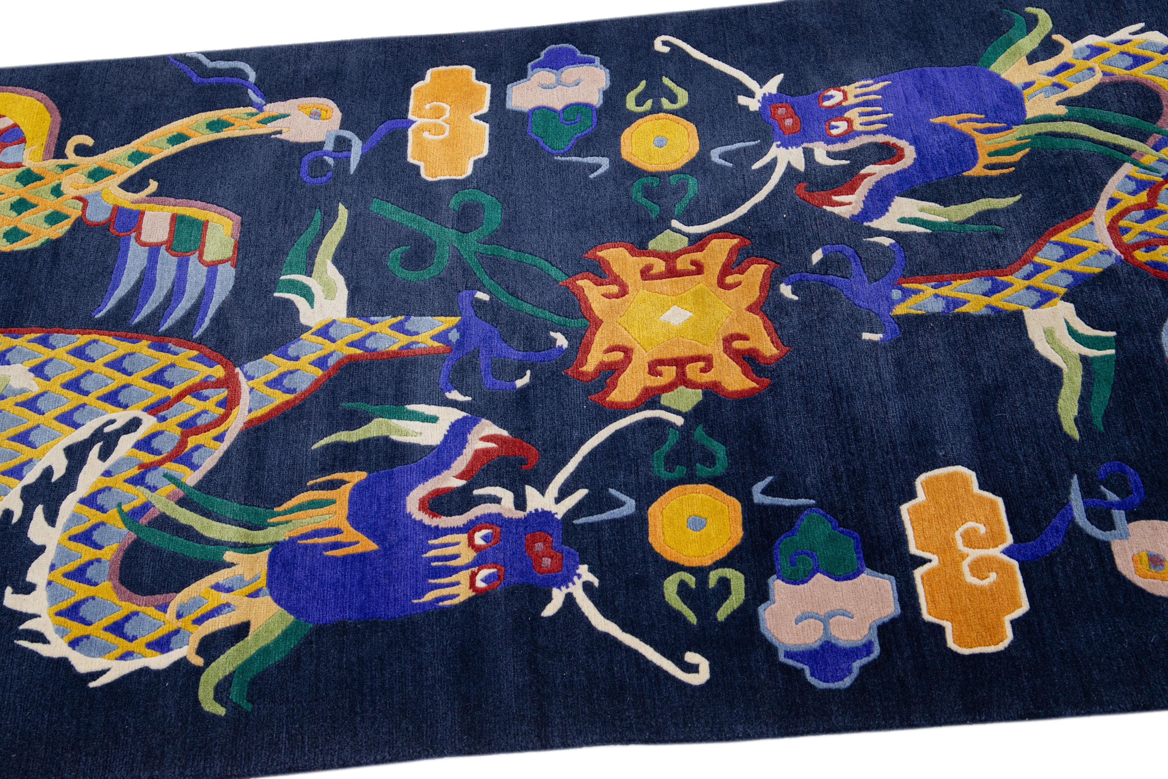Hand-Knotted Blue Chinese Vintage Peking Handmade Wool Rug with Mullticolor Dragon Design For Sale